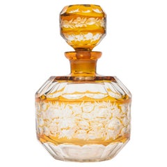 Bohemian Floral Amber Cut to Clear Crystal Czech Decanter with Stopper