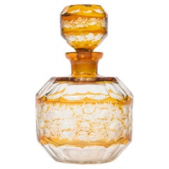 Antique Bohemian Floral Amber Cut to Clear Crystal Czech Decanter with Stopper