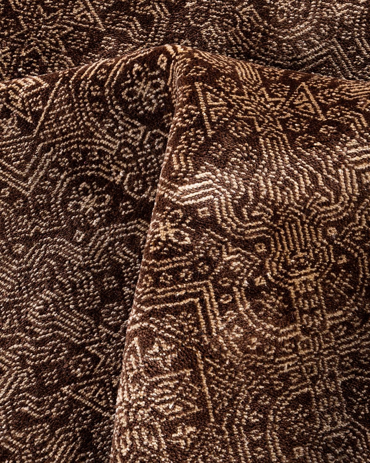 Lana Tappeto Bohemian Gabbeh in lana marrone annodato a mano con motivi floreali 8' 2