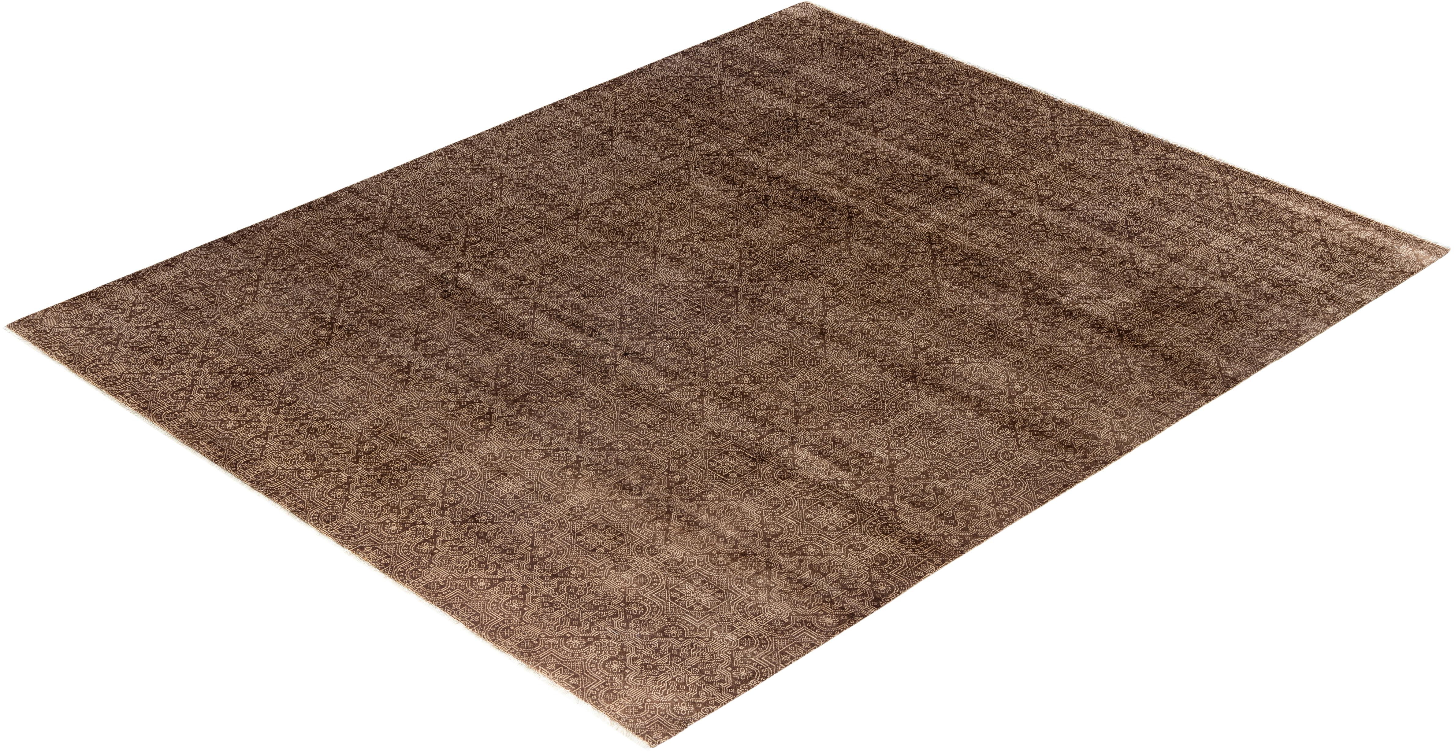 Tappeto Bohemian Gabbeh in lana marrone annodato a mano con motivi floreali 8' 2