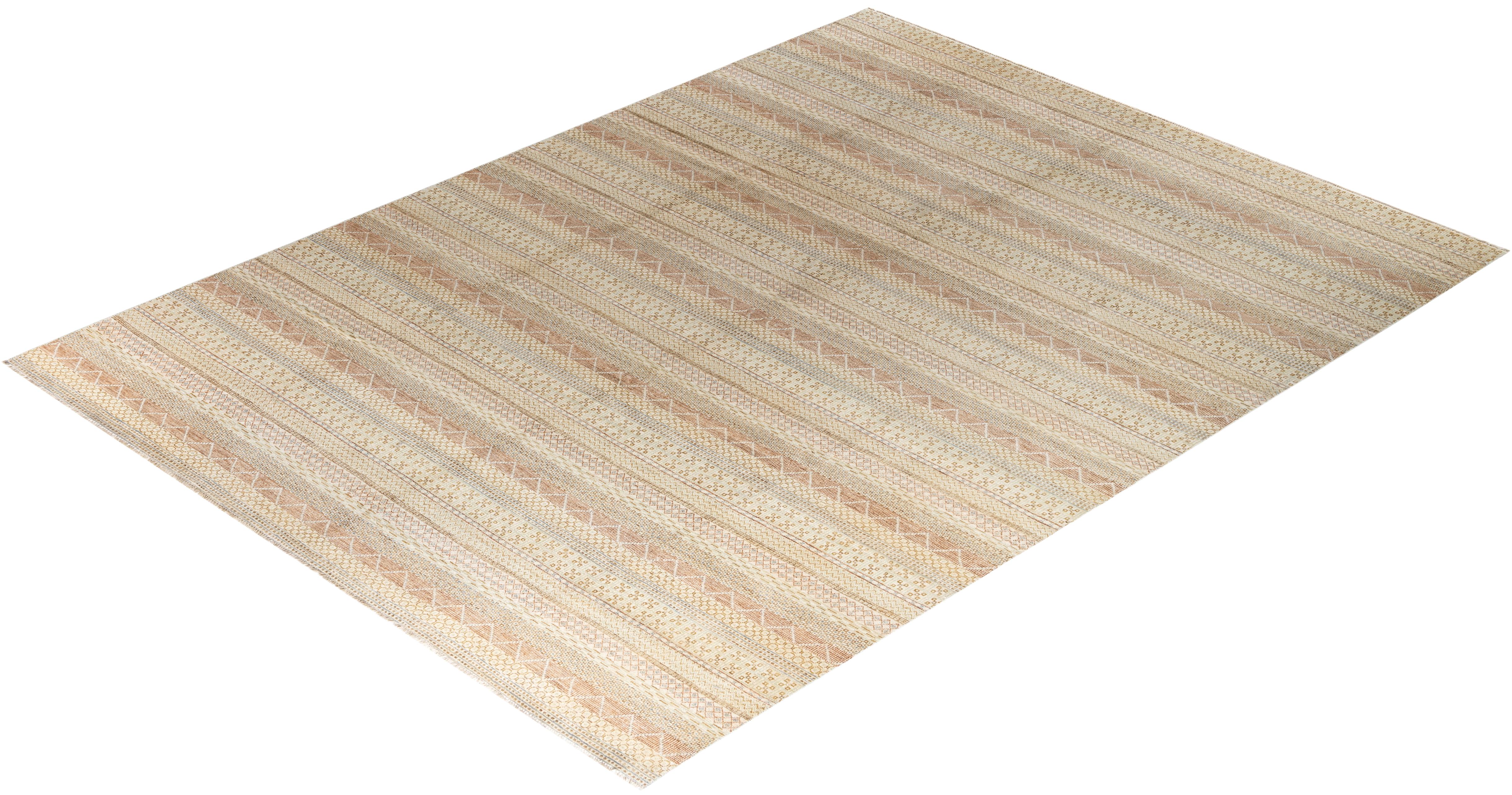 Tappeto di lana beige geometrico annodato a mano Bohemian Gabbeh 9' 3
