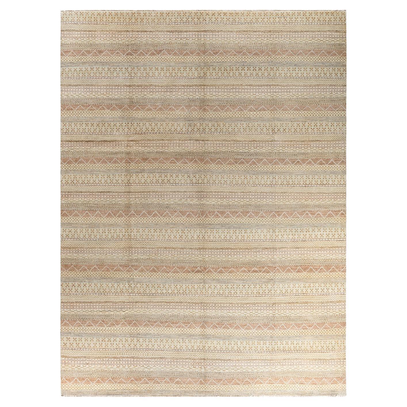 Tappeto di lana beige geometrico annodato a mano Bohemian Gabbeh 9' 3" x 12' 3" in vendita
