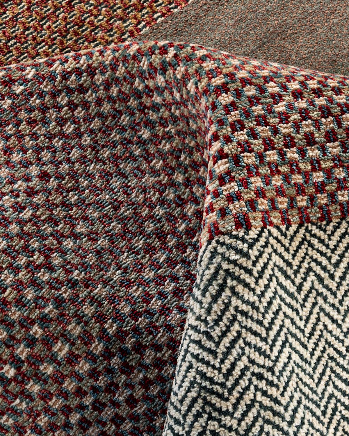 Bohemian Gabbeh Handgeknüpfter geometrischer Wollteppich in Grün 9' 1