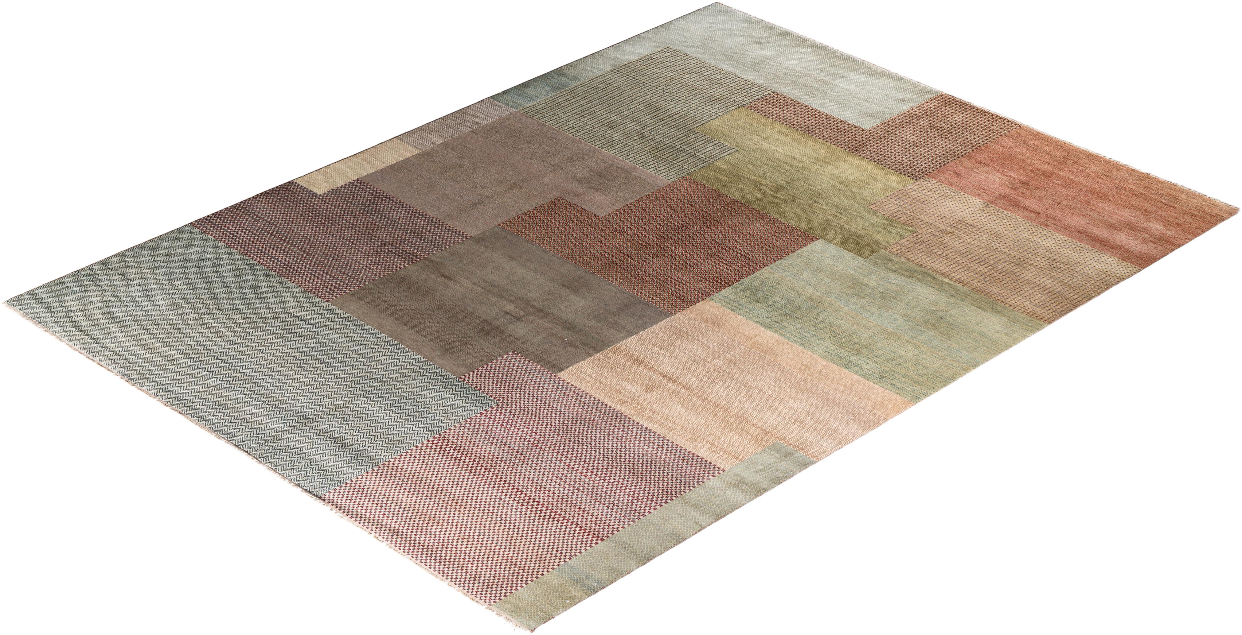 Bohemian Gabbeh Handgeknüpfter geometrischer Wollteppich in Grün 9' 1