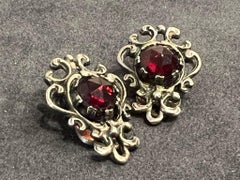 Bohemian Garnet & 925 Sterling Silver Retro Clips / Clip on Earrings