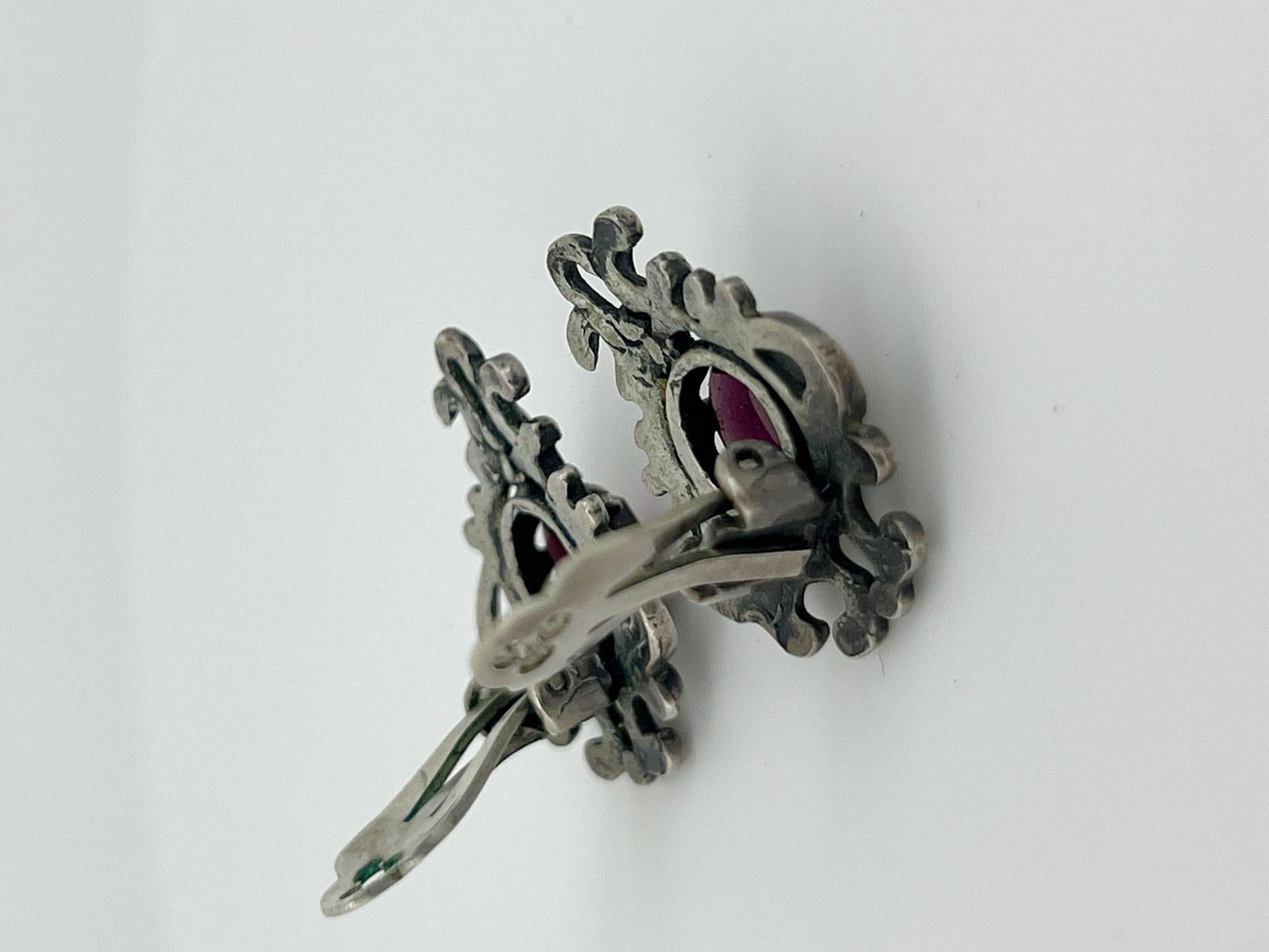 Round Cut Bohemian Garnet & 925 Sterling Silver Retro Clips / Clip on Earrings For Sale