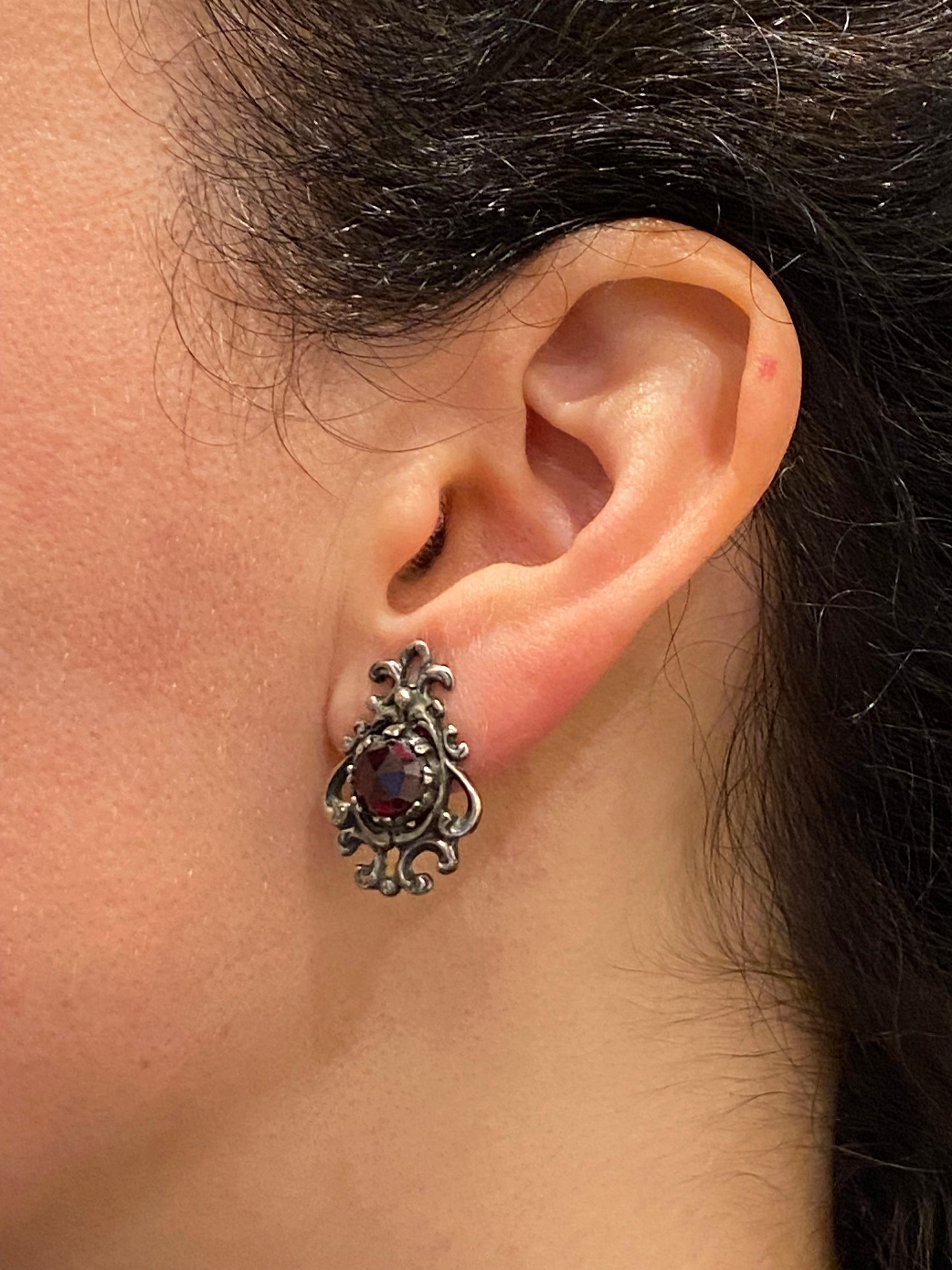 Bohemian Garnet & 925 Sterling Silver Retro Clips / Clip on Earrings For Sale 1