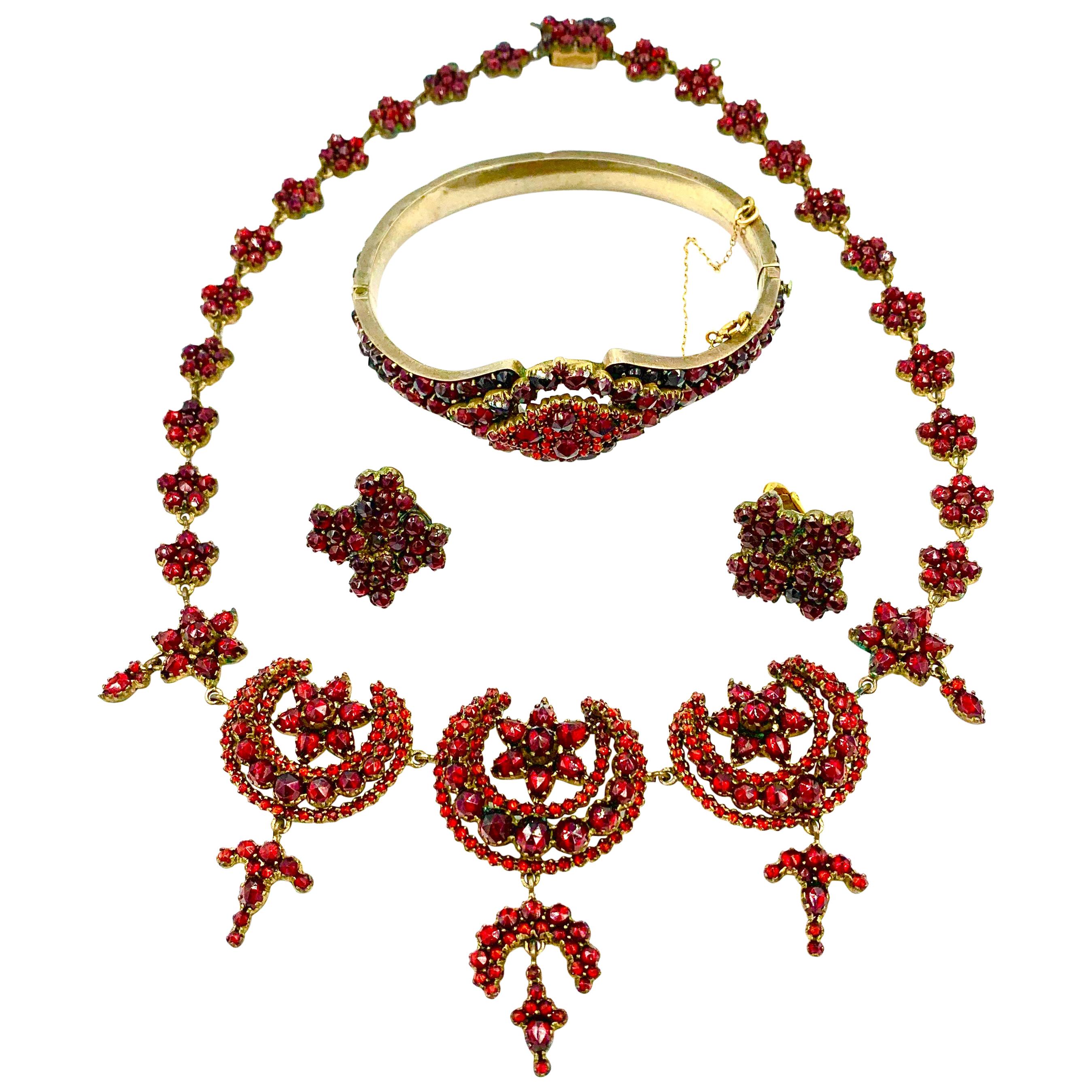 Bohemian Garnet Necklace Bracelet Earrings Star Moon Victorian Museum Quality