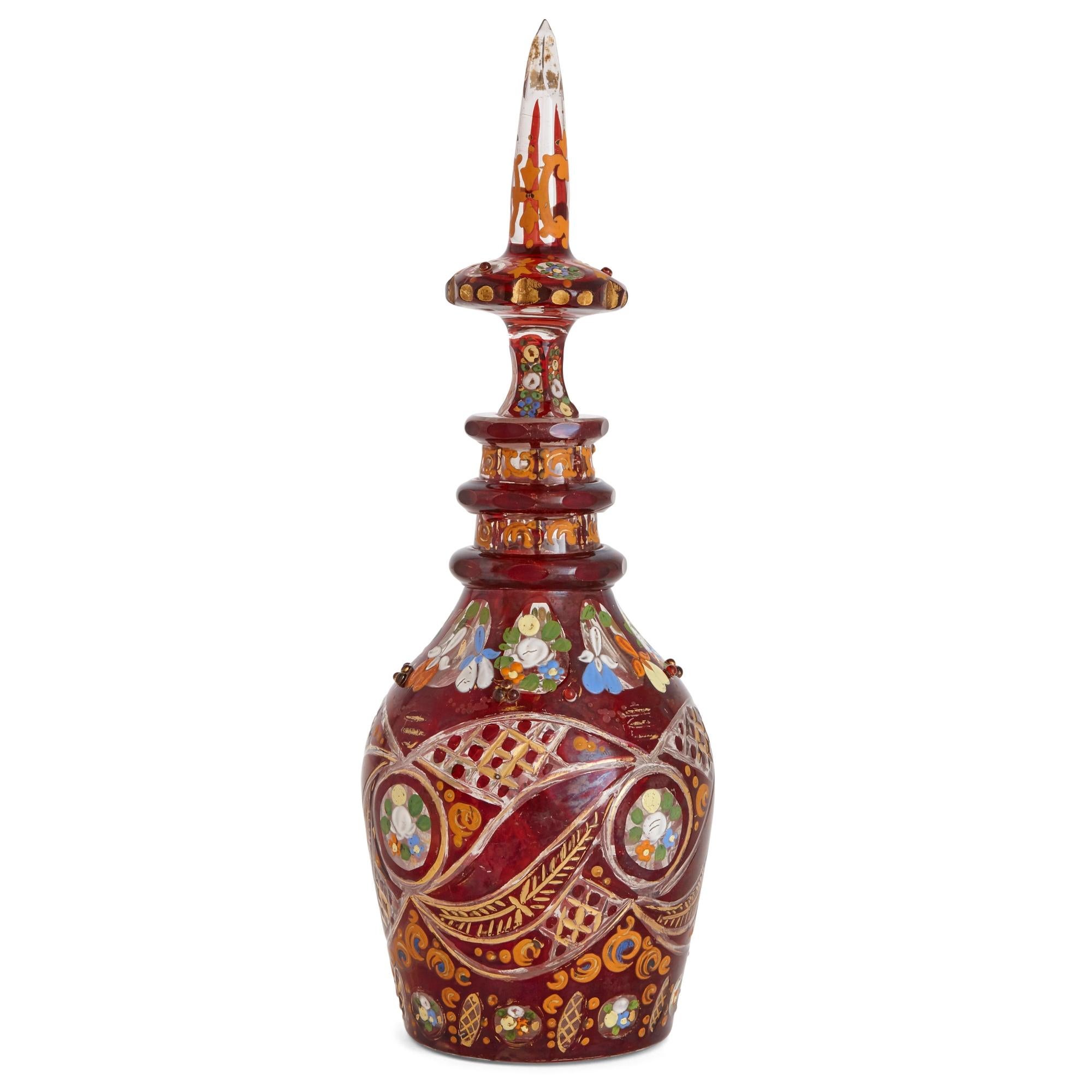 This beautiful decanter was created in Bohemia (modern-day Czech Republic), a region which was famous for its decorative glassware. Antique Bohemian glass is celebrated for the high quality of its craftsmanship and for the beauty of its