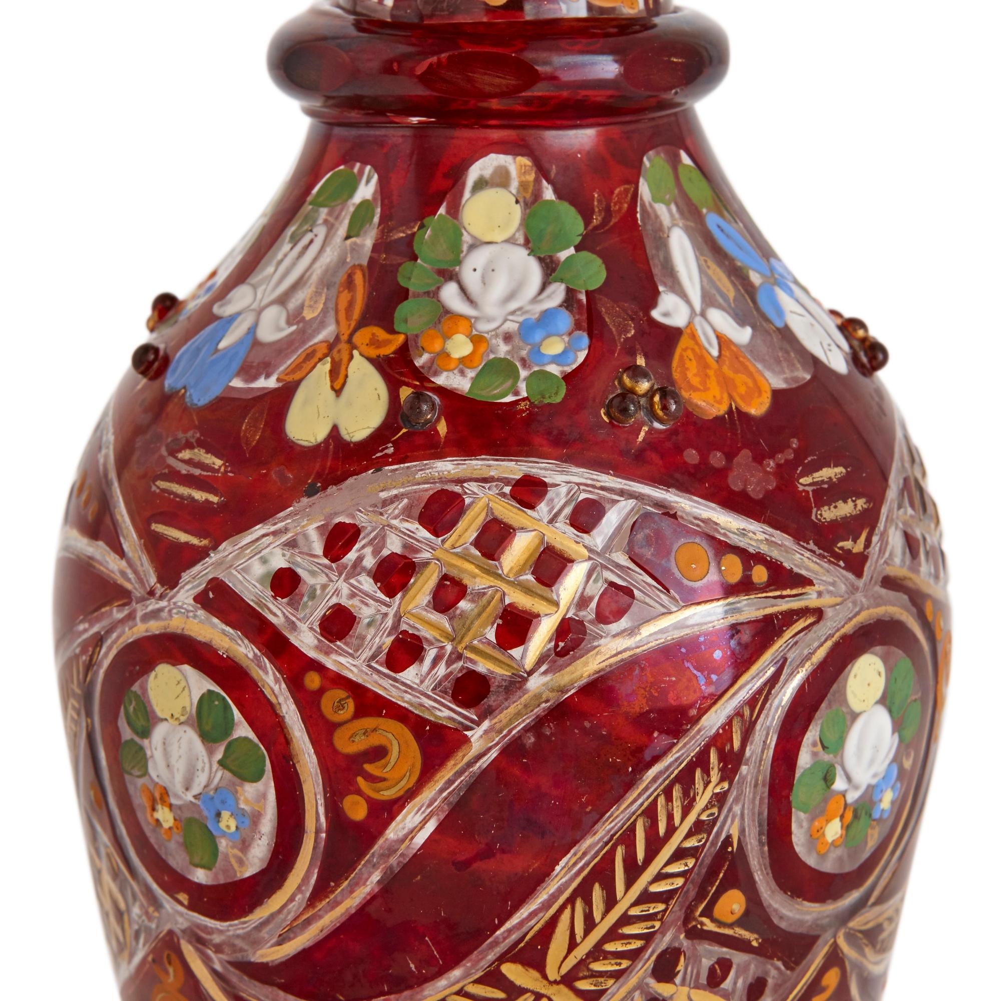 Czech Bohemian Gilt, Enamelled and Cut Red Overlay Glass Decanter  For Sale