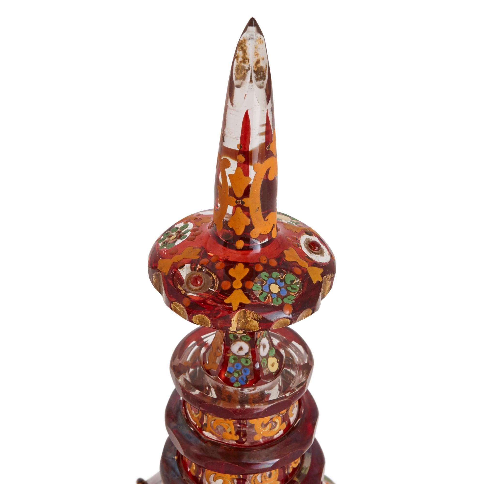 Enameled Bohemian Gilt, Enamelled and Cut Red Overlay Glass Decanter  For Sale
