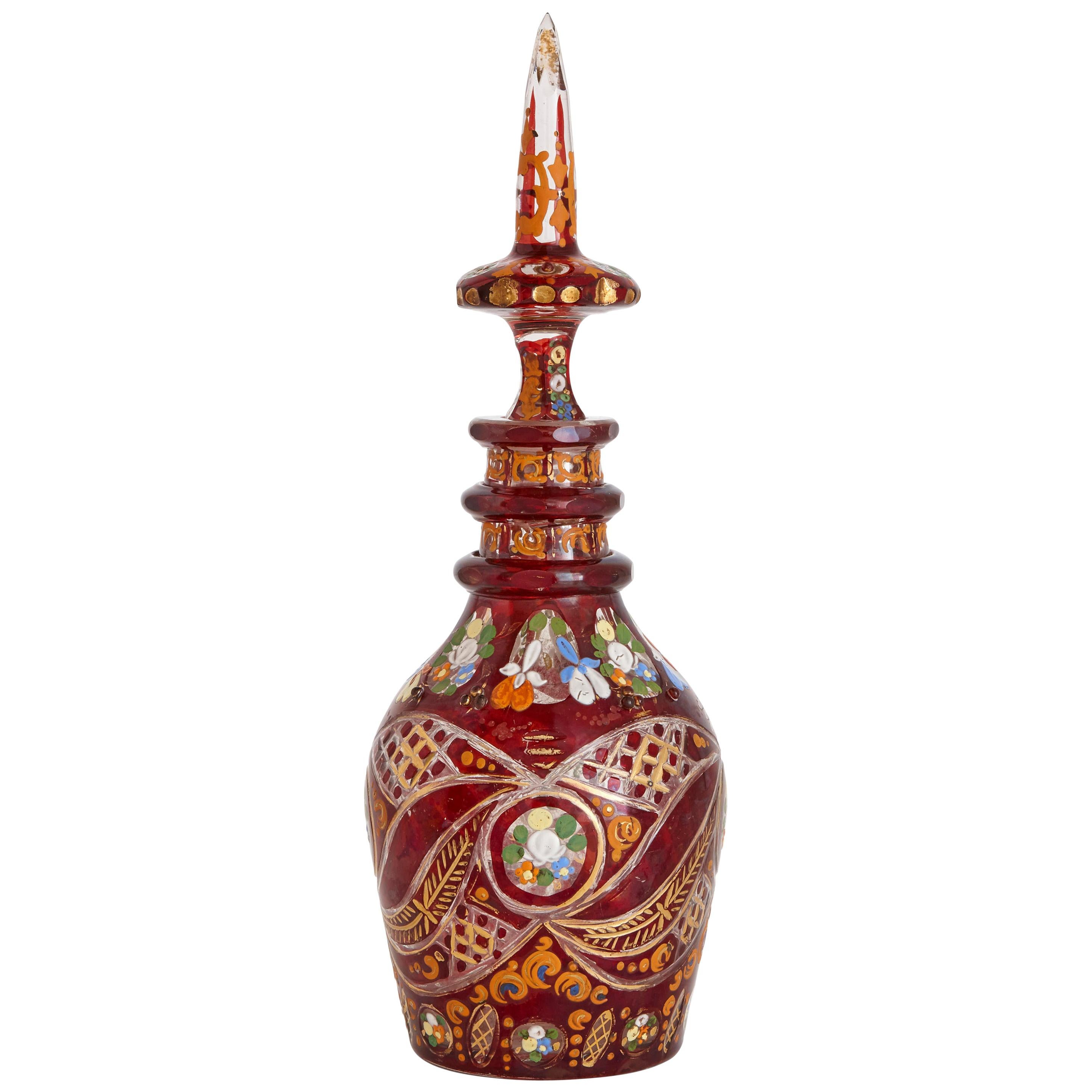 Decanter in vetro dorato, smaltato e tagliato rosso di Boemia