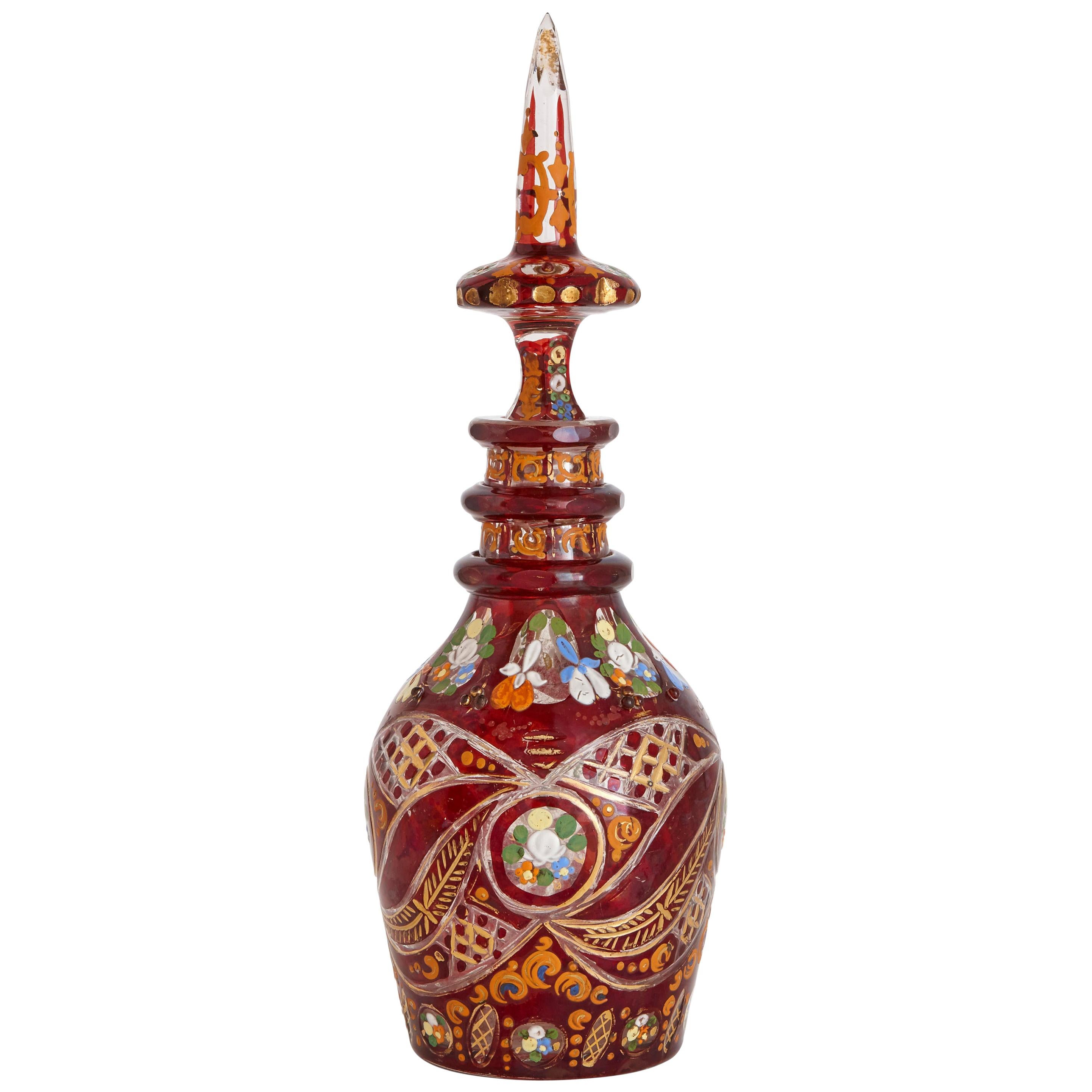 Bohemian Gilt, Enamelled and Cut Red Overlay Glass Decanter  For Sale