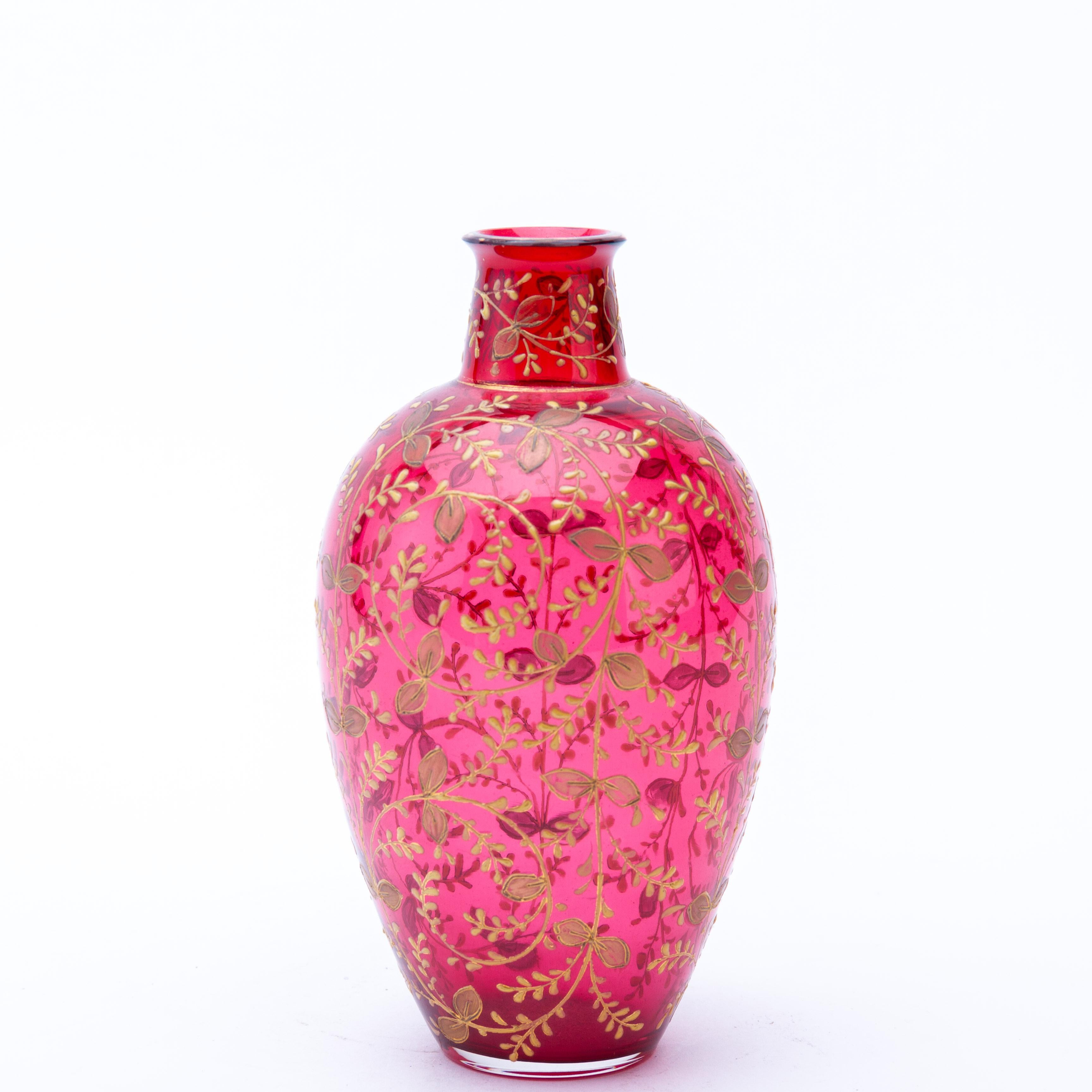 Bohemian Gilt Enamelled Cranberry Glass Floral Vase  In Good Condition In Nottingham, GB