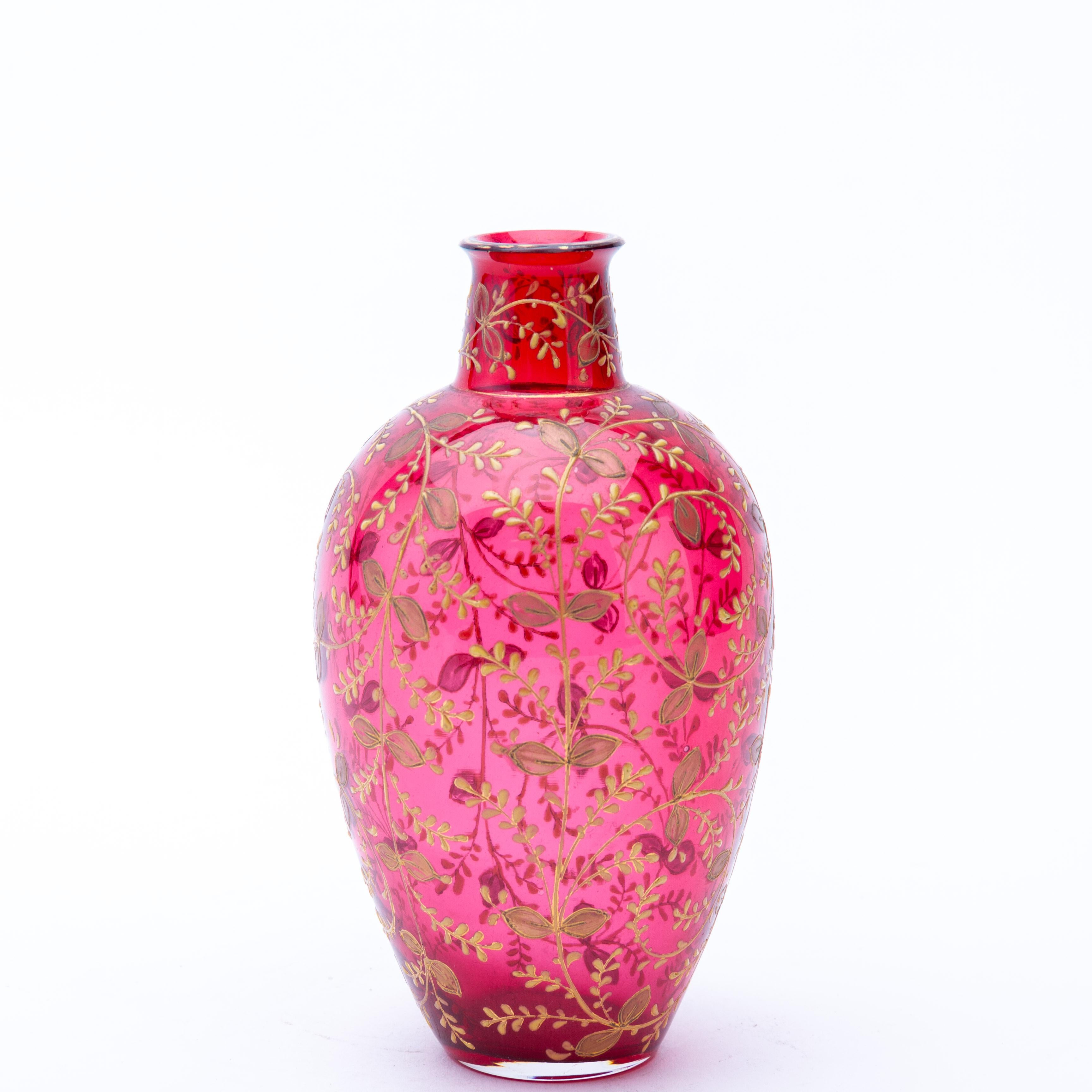19th Century Bohemian Gilt Enamelled Cranberry Glass Floral Vase 