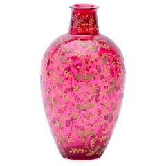 Antique Bohemian Gilt Enamelled Cranberry Glass Floral Vase 