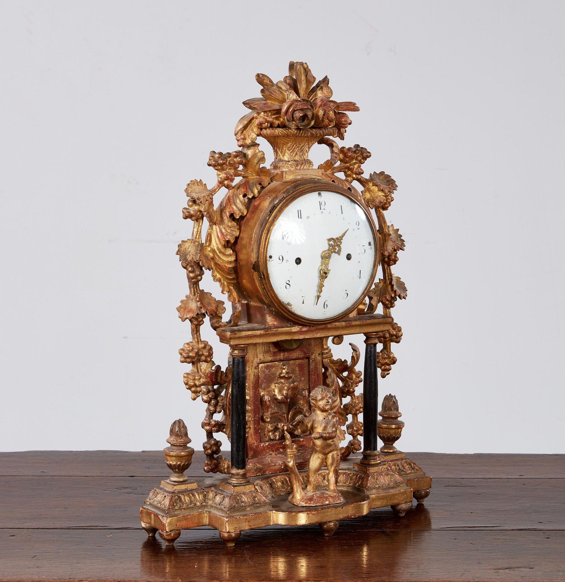 Rococo Bohemian Gilt Wood Mantel Clock For Sale