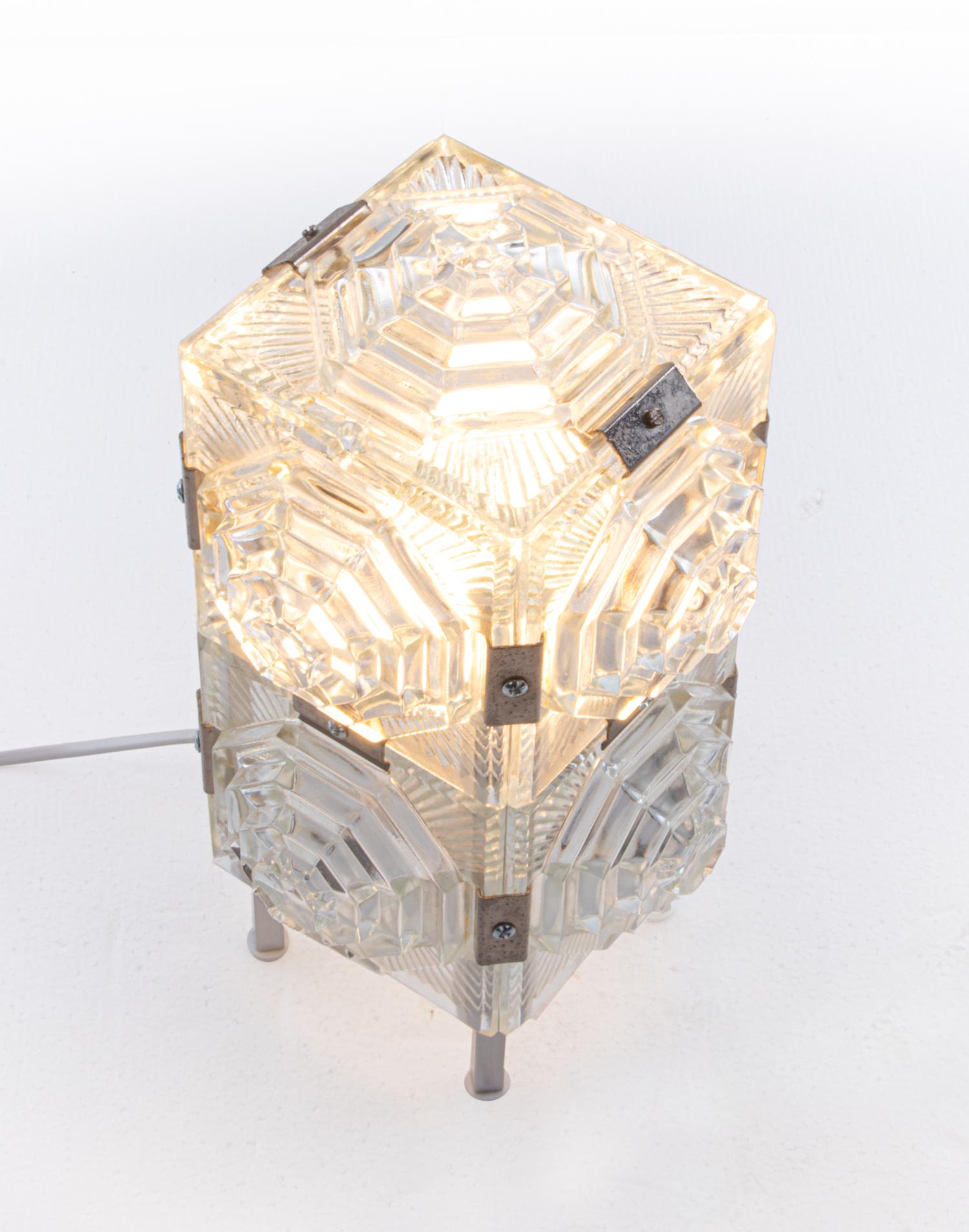 Mid-20th Century Bohemian Glass Cube Table Lamp by Kamenický Šenov, 1980s For Sale