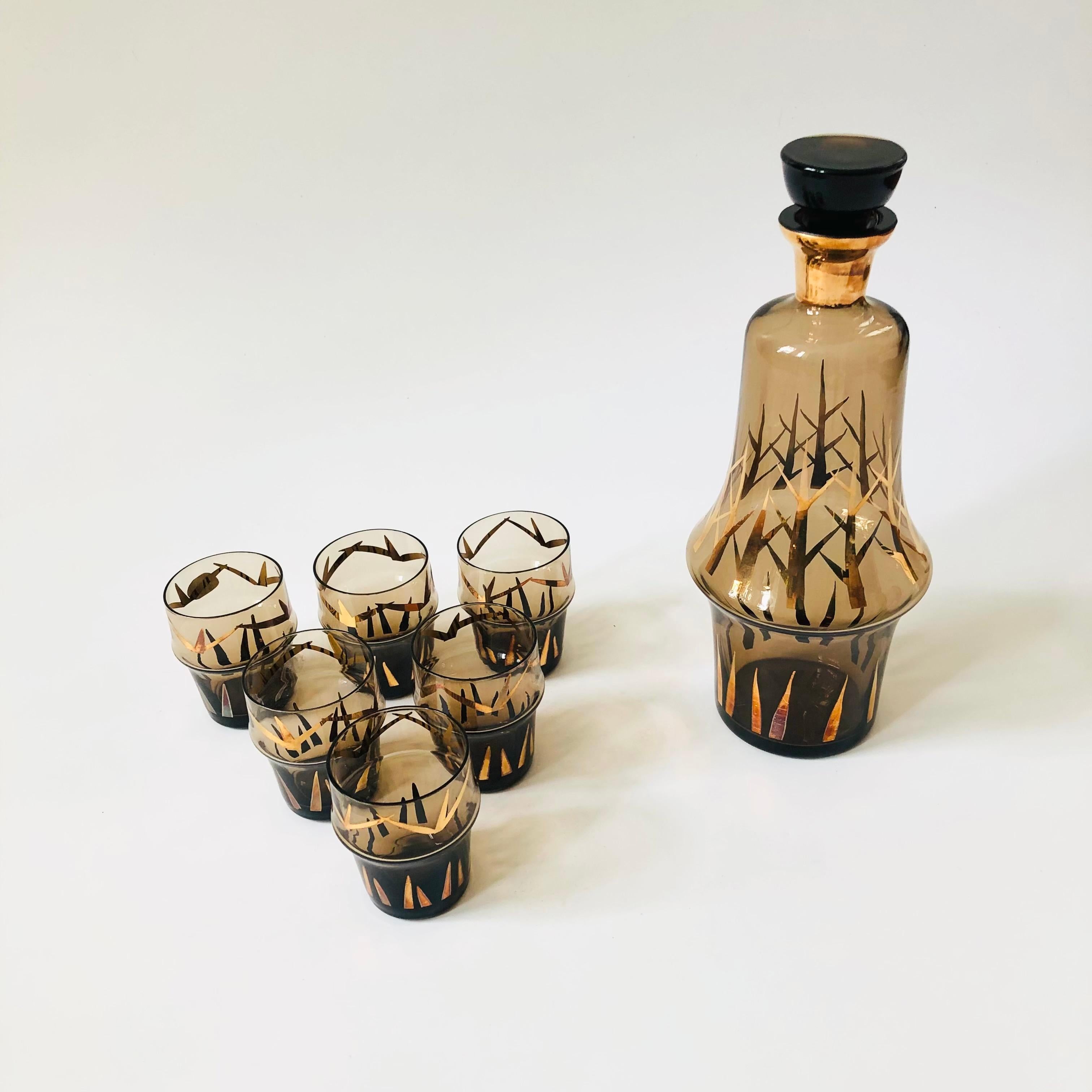 Mid-Century Modern Bohemian Glass Decanter Set - Set of 7 Pieces For Sale