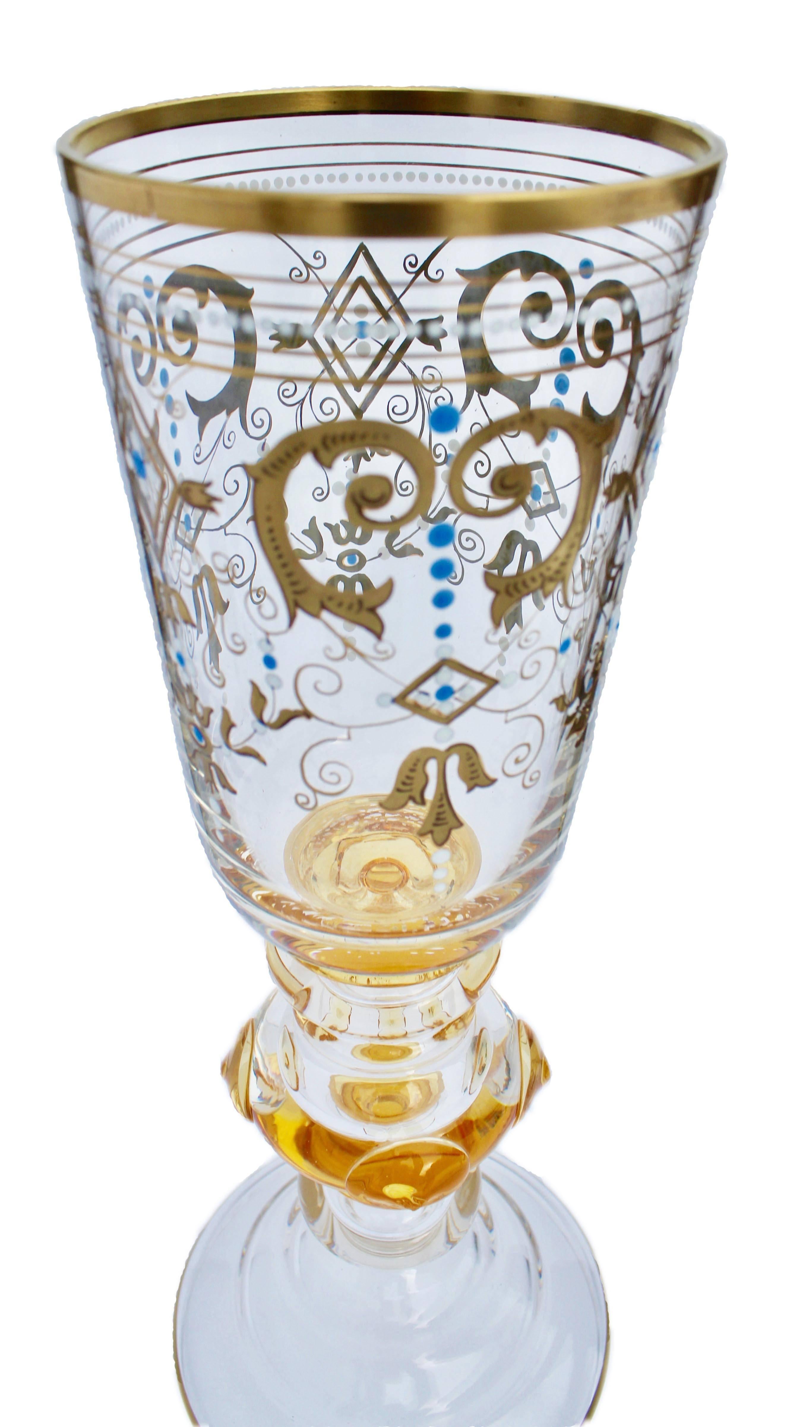 Art Nouveau Bohemian Glass Footed Jar with Gold Leaf Decoration For Sale