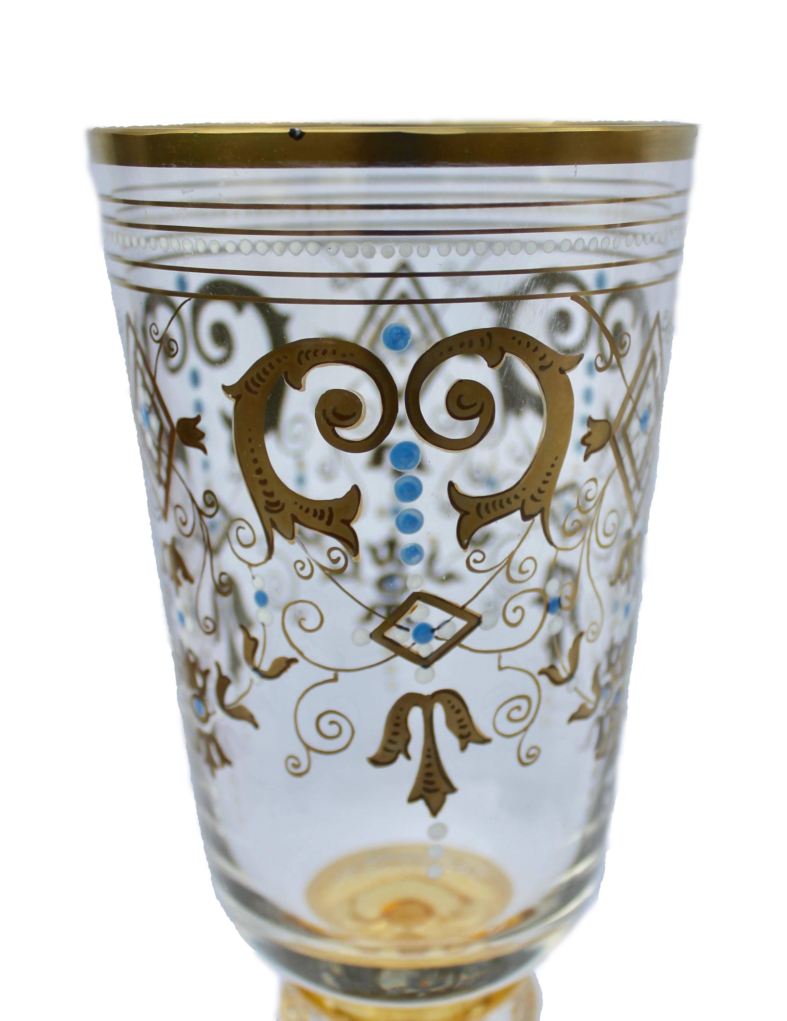 Hand-Crafted Bohemian Glass Footed Jar with Gold Leaf Decoration For Sale