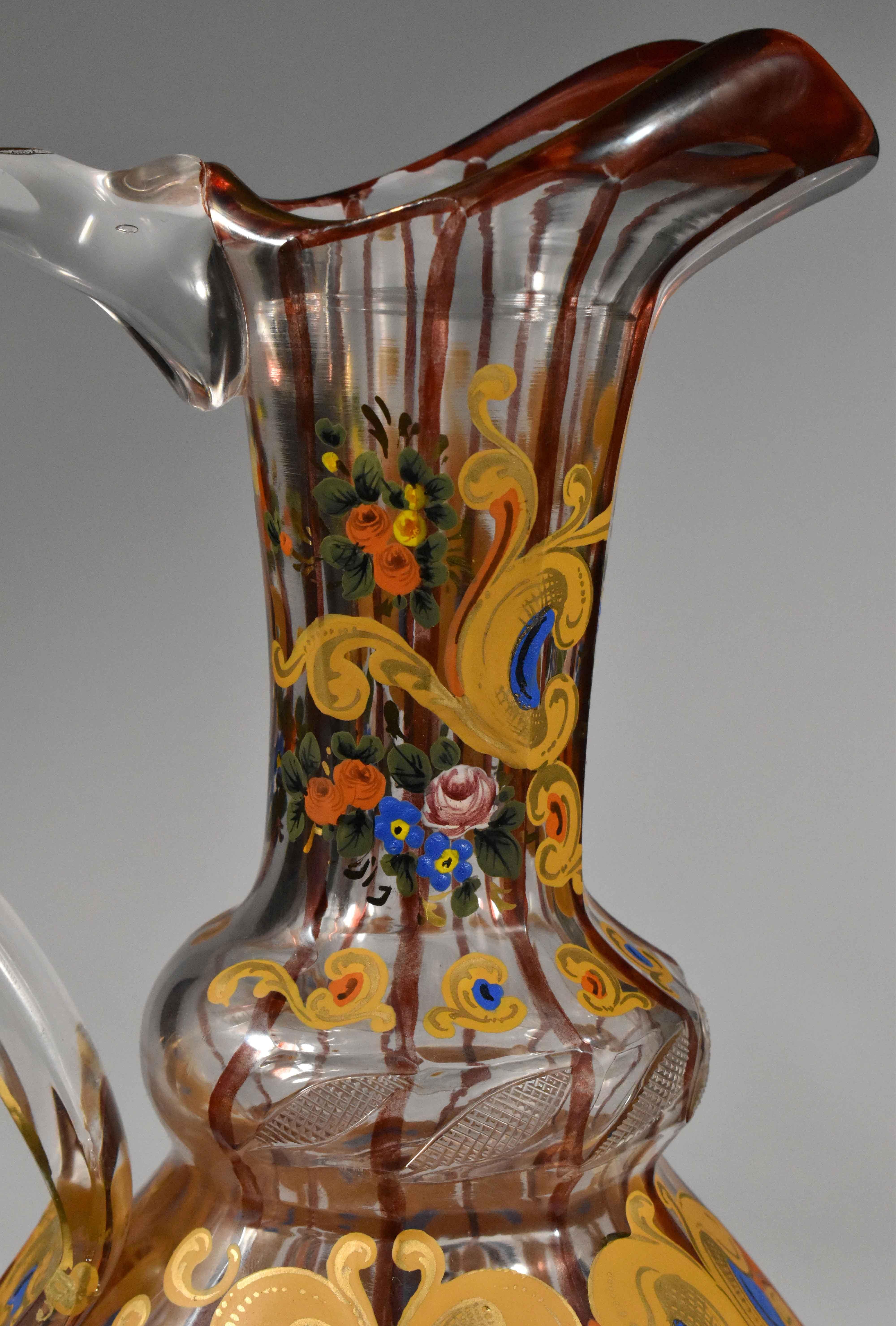 Czech Bohemian Glass Jug / Ewer, Persian Style, Hand Cut and Painted