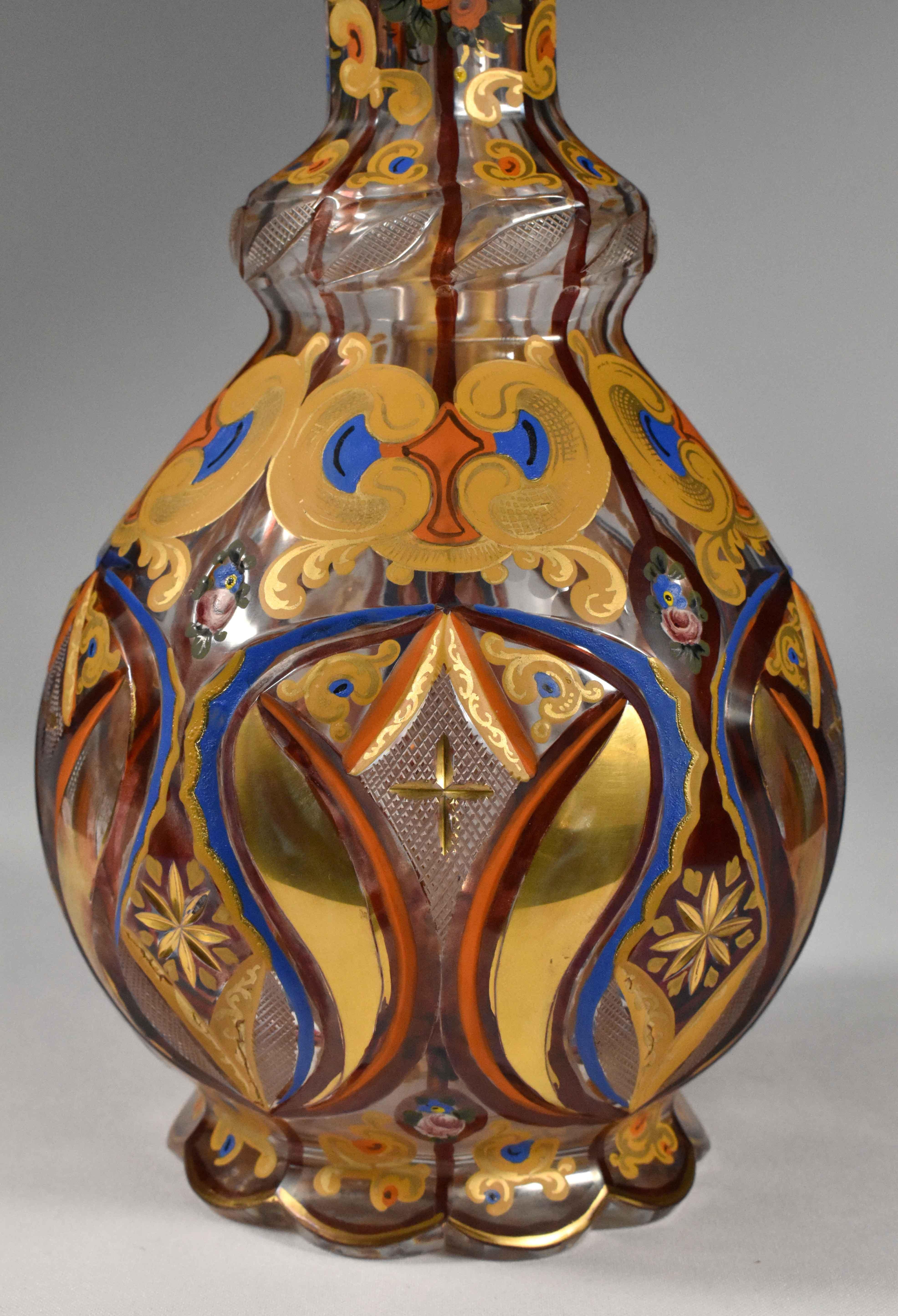 Bohemian Glass Jug / Ewer, Persian Style, Hand Cut and Painted In Good Condition In Nový Bor, CZ