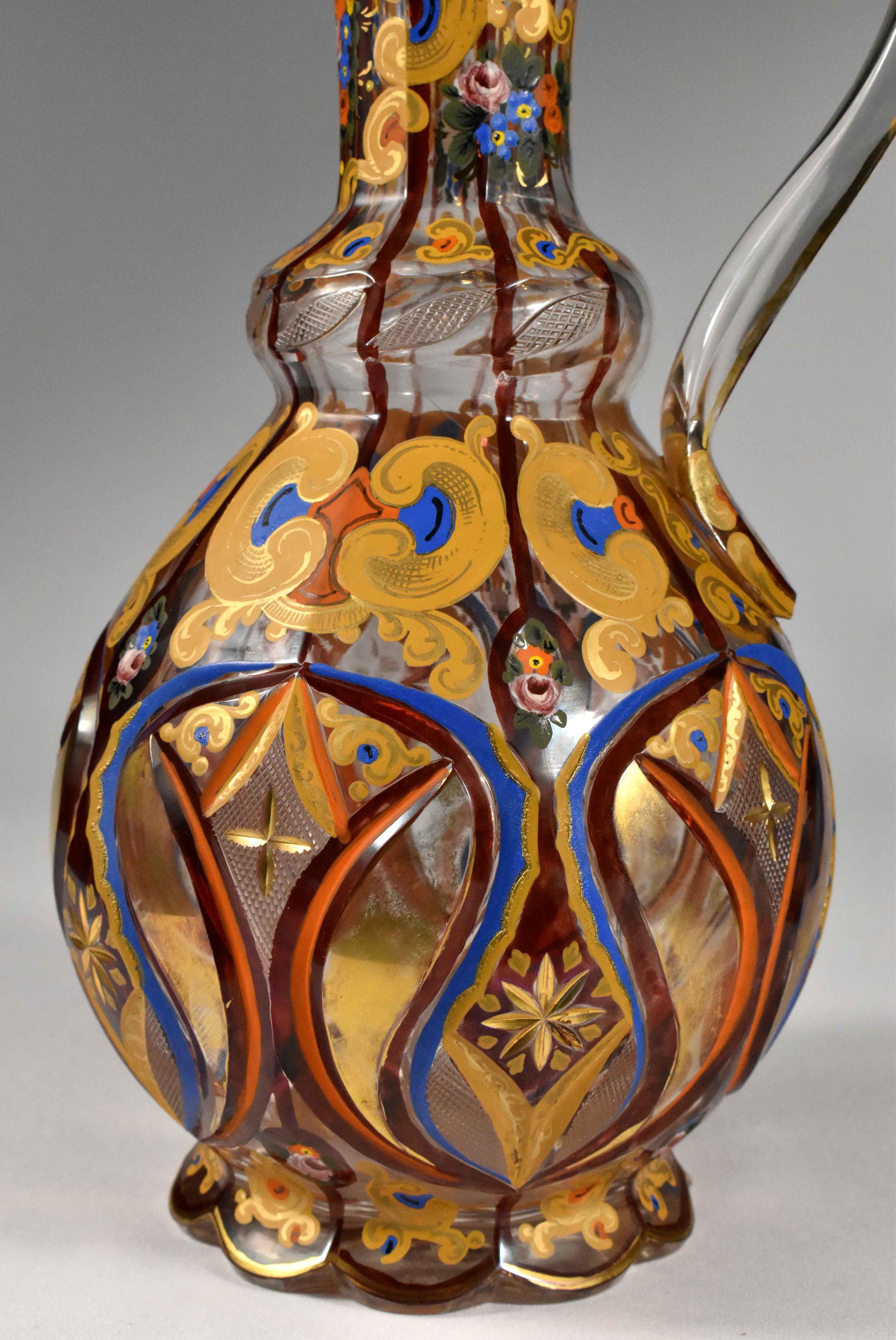 Late 19th Century Bohemian Glass Jug / Ewer, Persian Style, Hand Cut and Painted