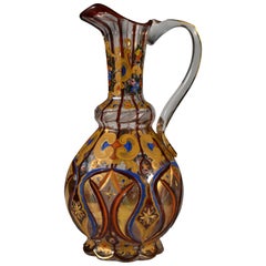 Bohemian Glass Jug / Ewer, Persian Style, Hand Cut and Painted