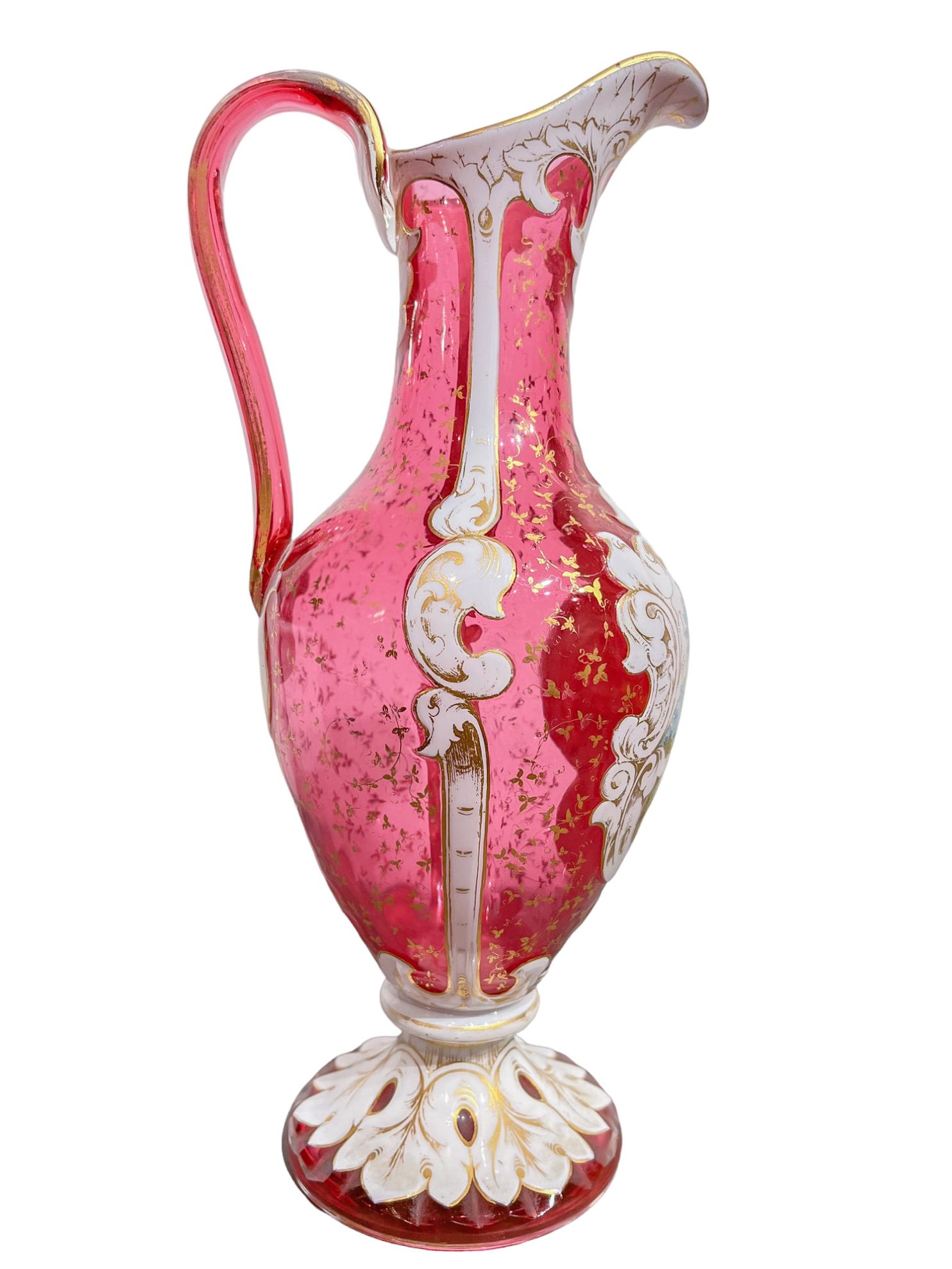 Czech  Bohemian Glass Pitcher with Jewel Painting and White Enamel  For Sale