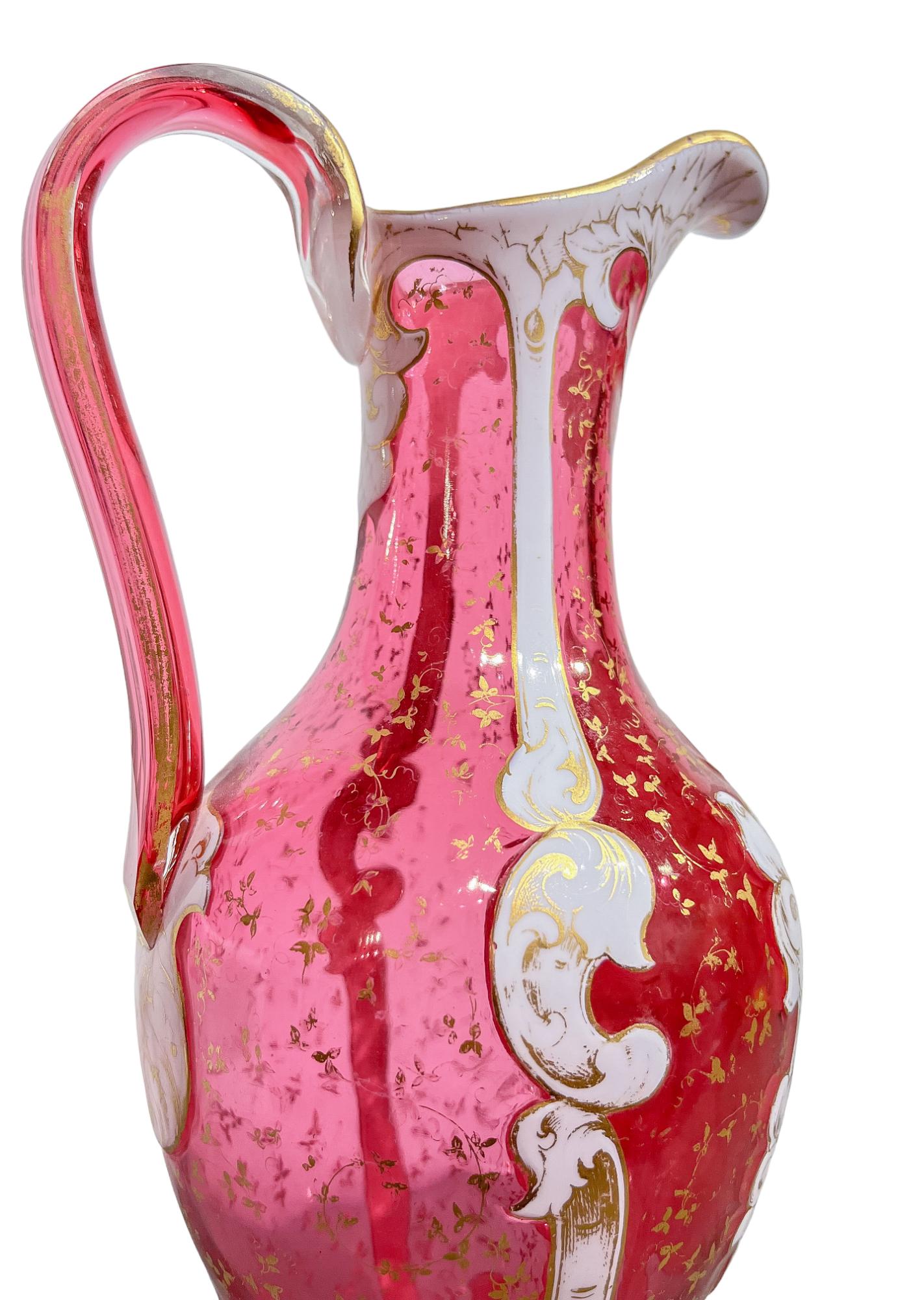 Enameled  Bohemian Glass Pitcher with Jewel Painting and White Enamel  For Sale