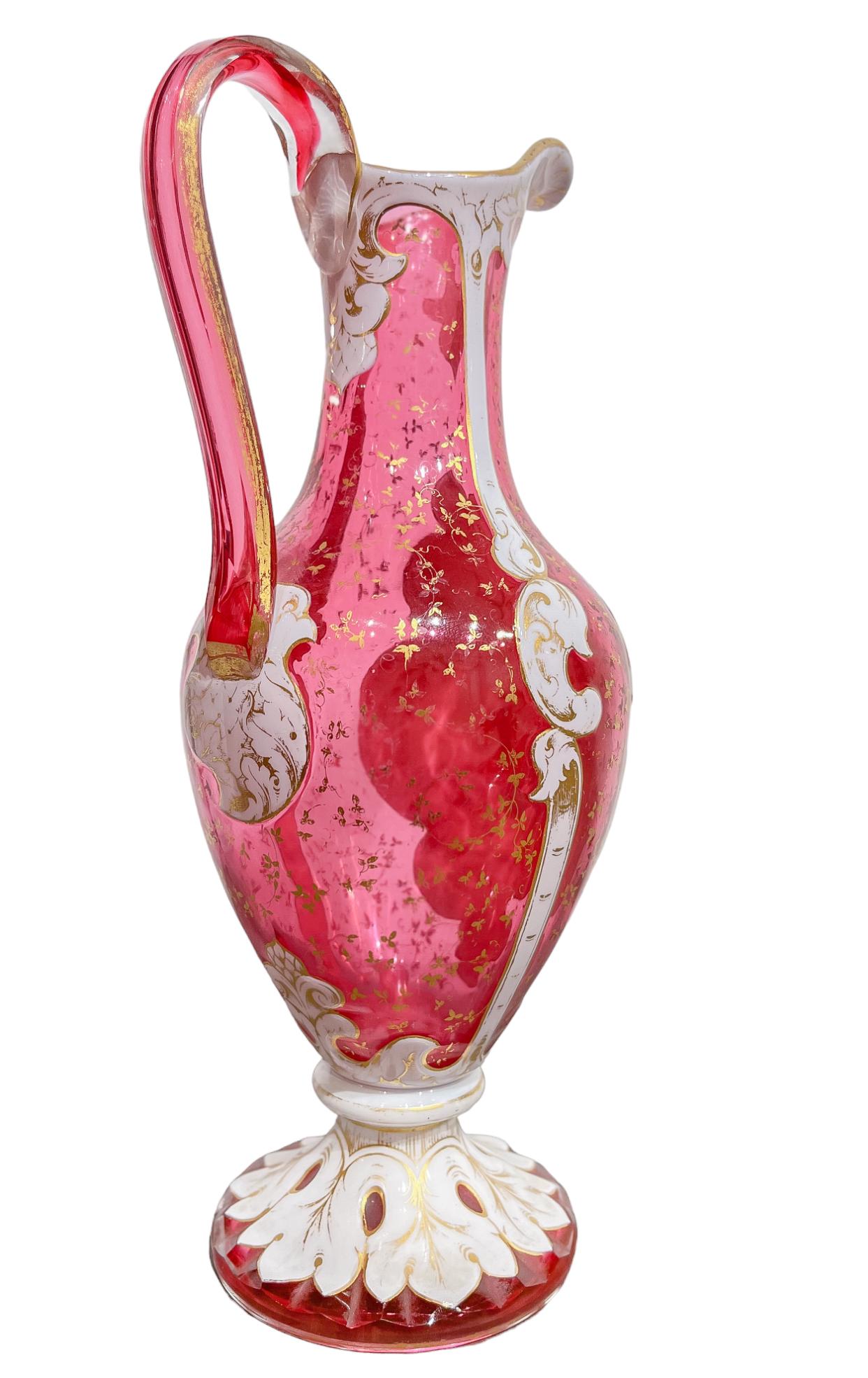  Bohemian Glass Pitcher with Jewel Painting and White Enamel  In Good Condition For Sale In New York, NY