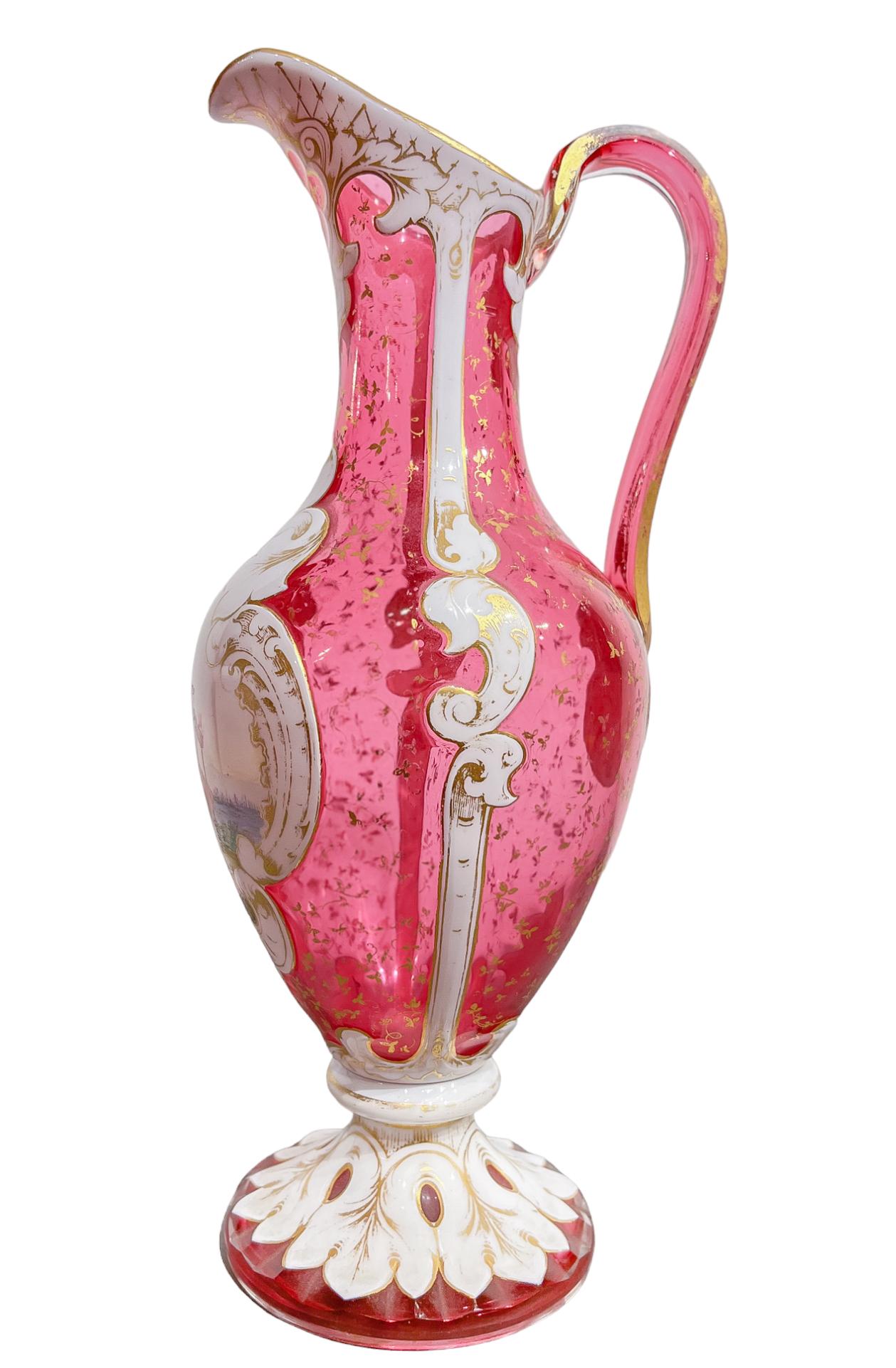 19th Century  Bohemian Glass Pitcher with Jewel Painting and White Enamel  For Sale