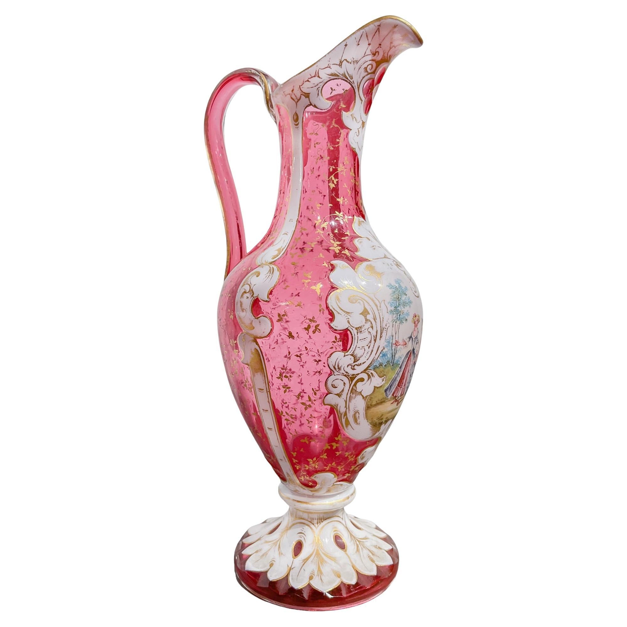  Bohemian Glass Pitcher with Jewel Painting and White Enamel 