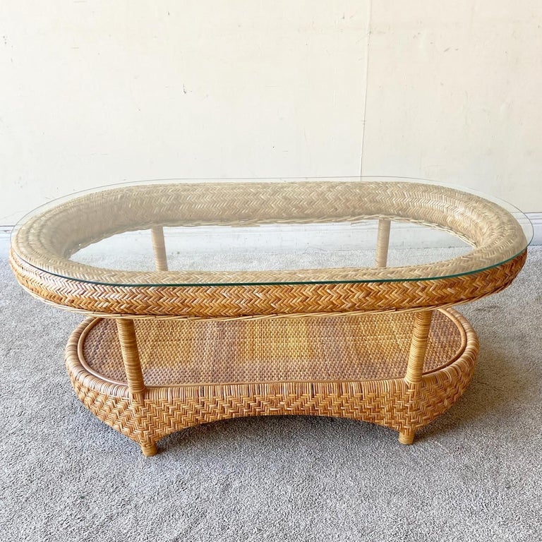 Bohemian Glass Top Wicker Coffee Table For Sale at 1stDibs