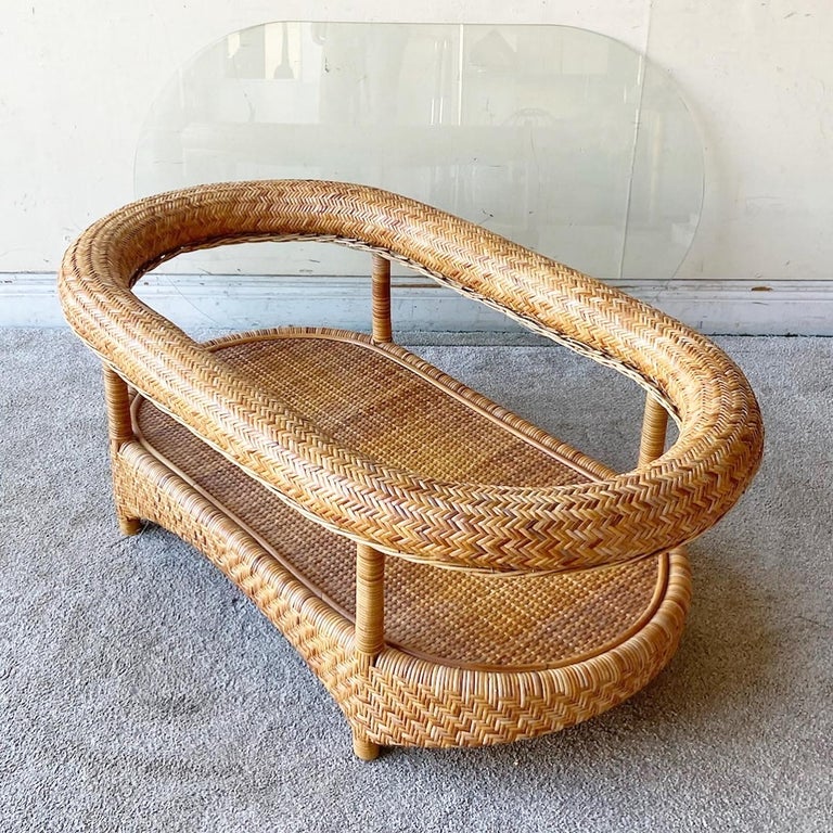Bohemian Glass Top Wicker Coffee Table For Sale at 1stDibs