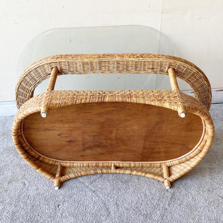 Bohemian Glass Top Wicker Coffee Table For Sale at 1stDibs