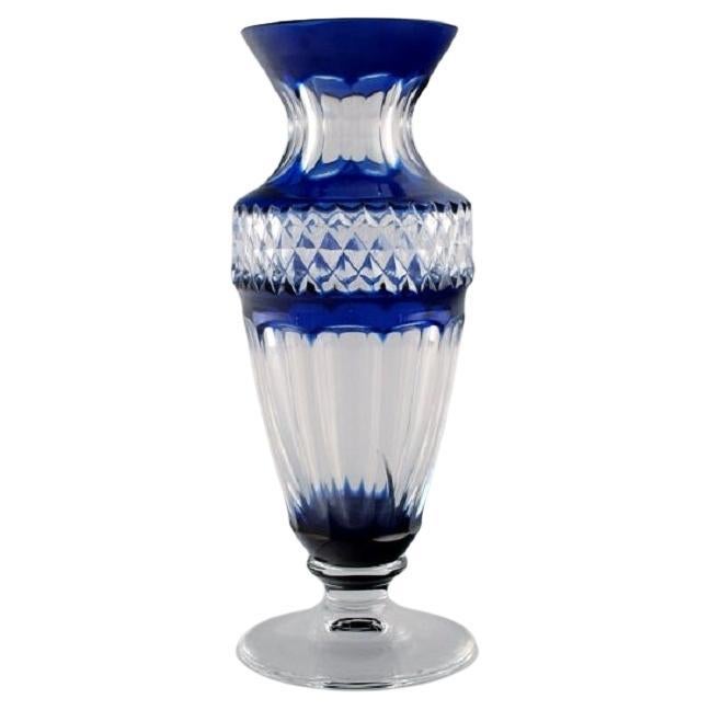 Bohemian Glass Vase in Clear and Blue Art Glass, Classic Style, Mid-20th C For Sale