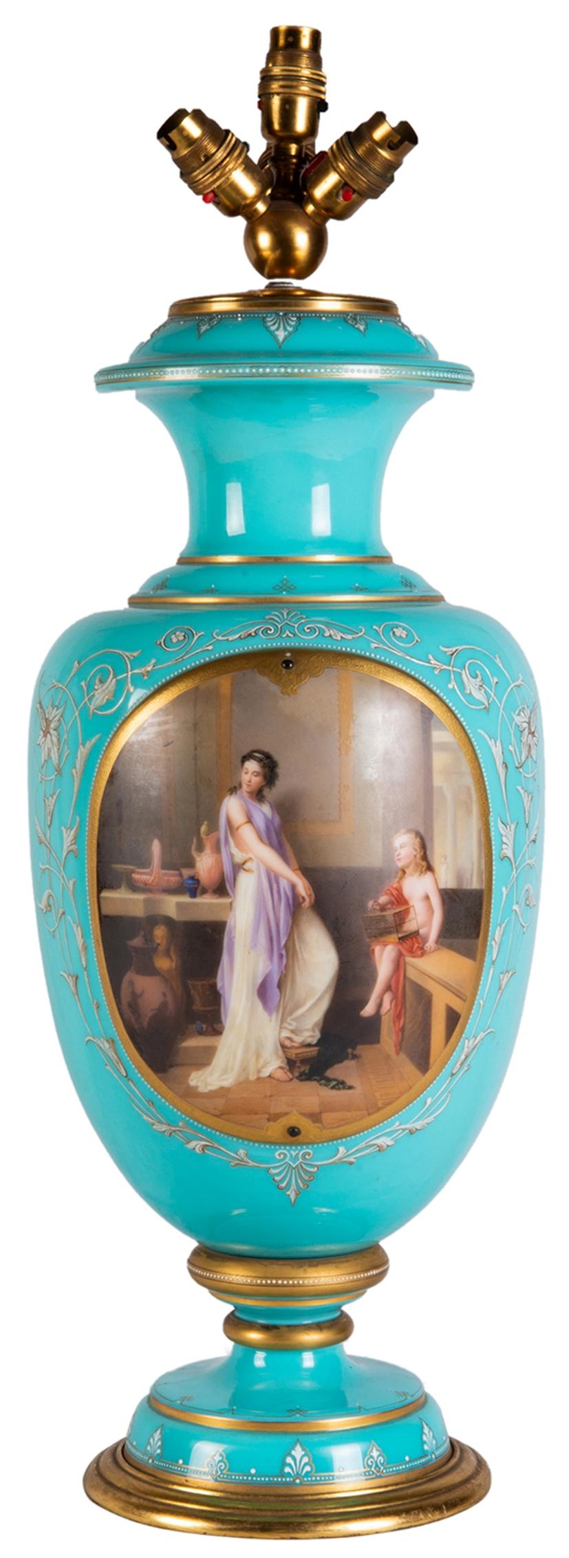 A very good quality late 19th century Bohemian glass vase / lamp, having a wonderful turquoise ground, with gilded decoration, an inset painted panel depicting a classical maiden with a child sitting holding a bird cage.
