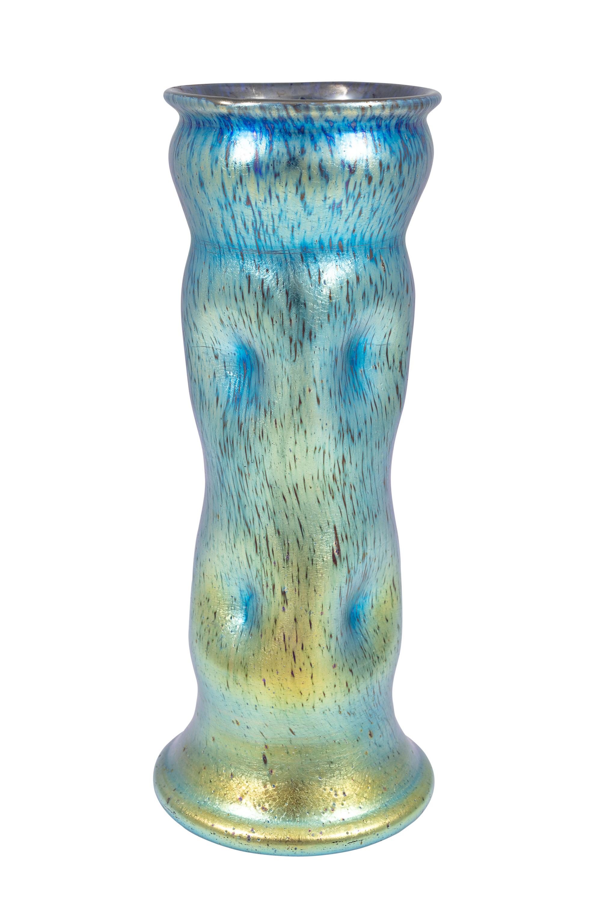 Bohemian glass vase, manufactured by Johann Loetz Witwe, Norma Cobalt decoration, ca. 1900, Paris World Exhibition, Blue, Silver, Yellow, Viennese Art Nouveau, Jugendstil, Art Deco, art glass, iridescent glass.

Technique and material: Glass,