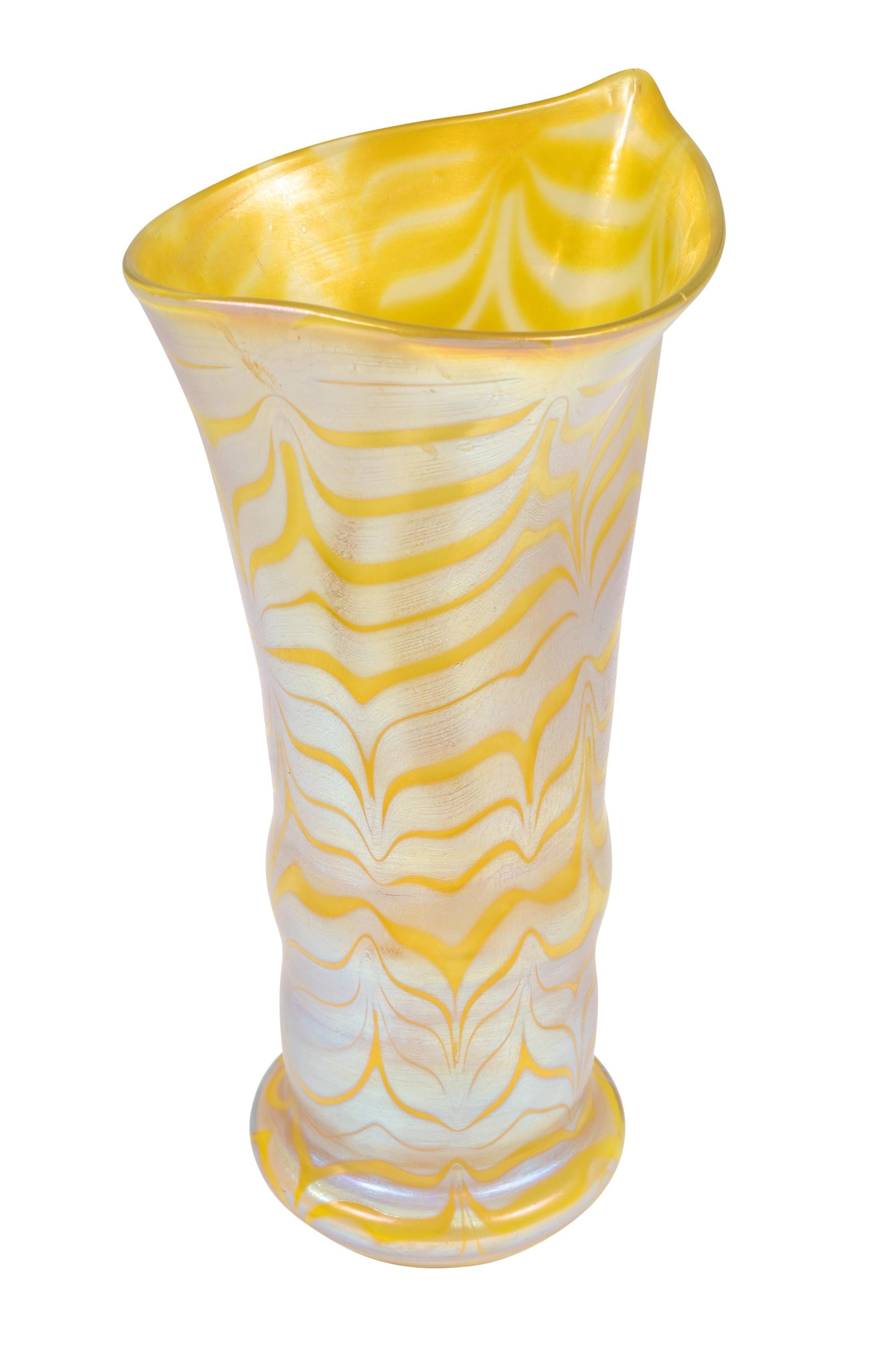 Bohemian glass vase, manufactured by Johann Loetz Witwe, Phenomen Genre 85/3780 decoration, signed, ca. 1900, Yellow, Silver, Viennese Art Nouveau, Jugendstil, Art Deco, art glass, iridescent glass.

Technique and material: Glass, mould-blown and