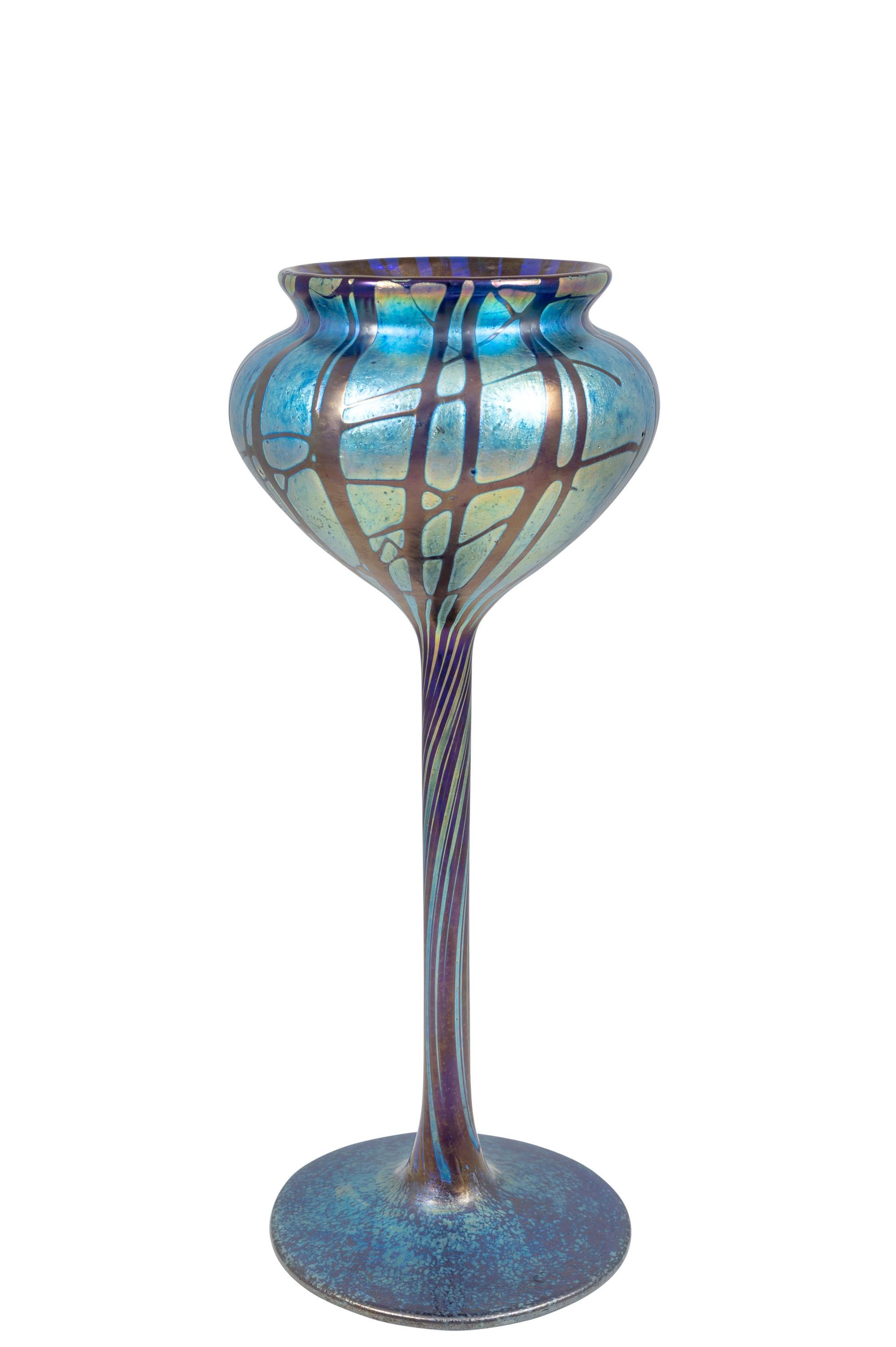 Bohemian glass vase, manufactured by Johann Loetz Witwe, Pampas Cobalt decoration, ca. 1899, Blue, Silver, Viennese Art Nouveau, Jugendstil, Art Deco, art glass, iridescent glass.

Technique and material: Glass, mould-blown and freeform, reduced and
