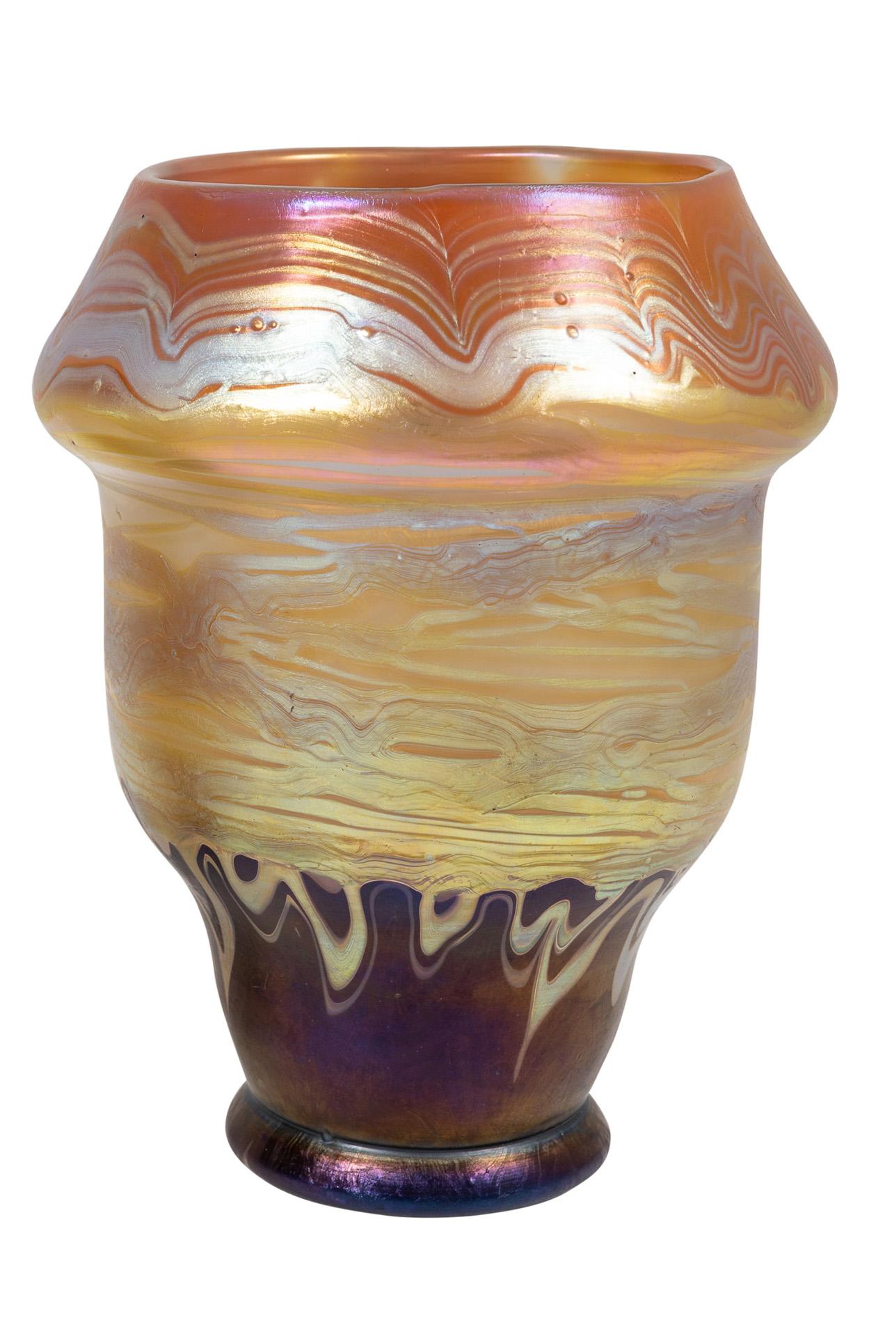 Bohemian glass vase, manufactured by Johann Loetz Witwe, PG 358 decoration (world exhibition decoration), ca. 1900, signed, orange, brown, ochre, silver, white, Bohemia, Viennese Art Nouveau, Jugendstil, Art Deco, art glass, iridescent