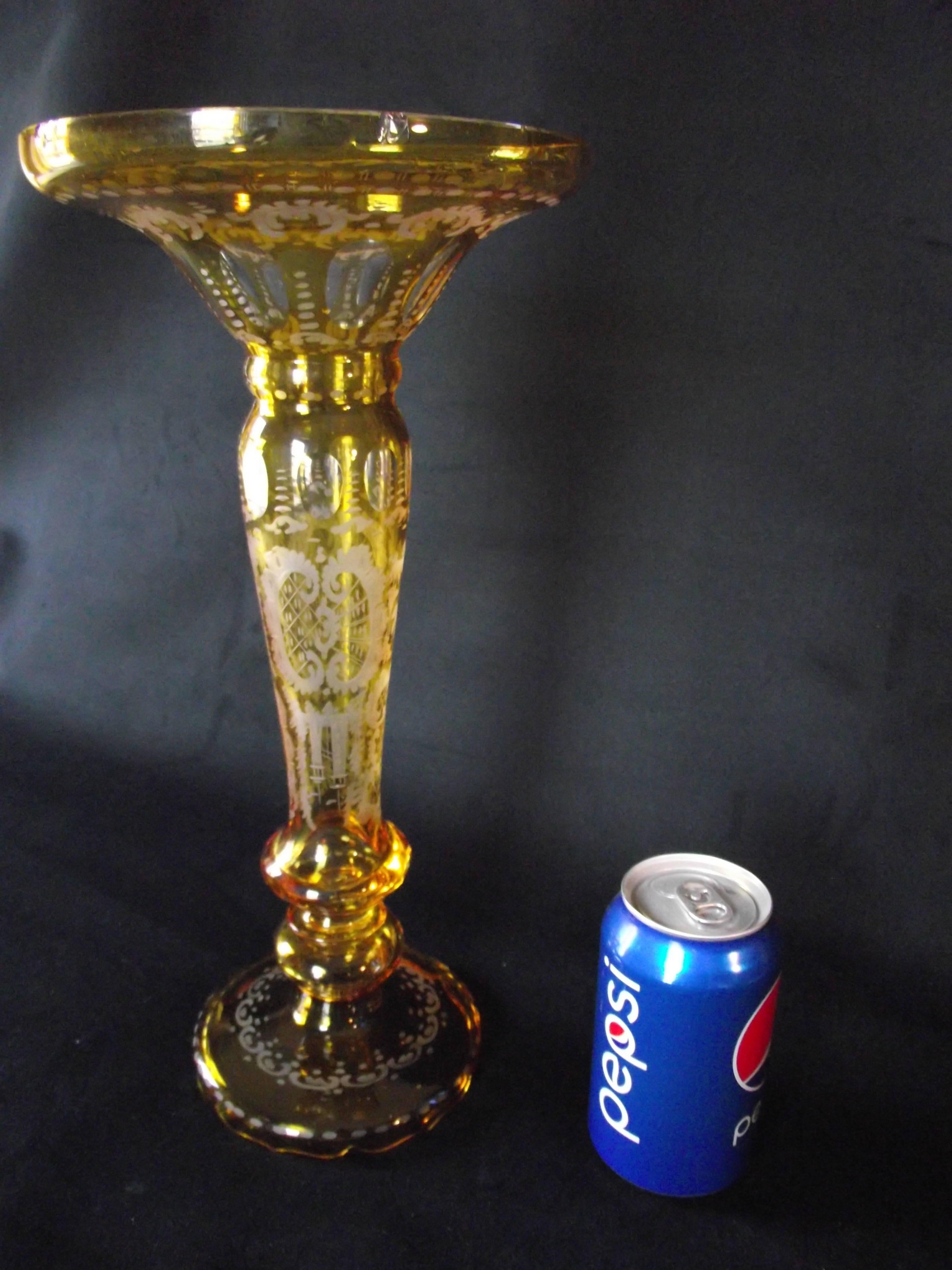 Regency Bohemian Glass Vase/Candleholder Light Amber Glass Cut Down to Clear For Sale