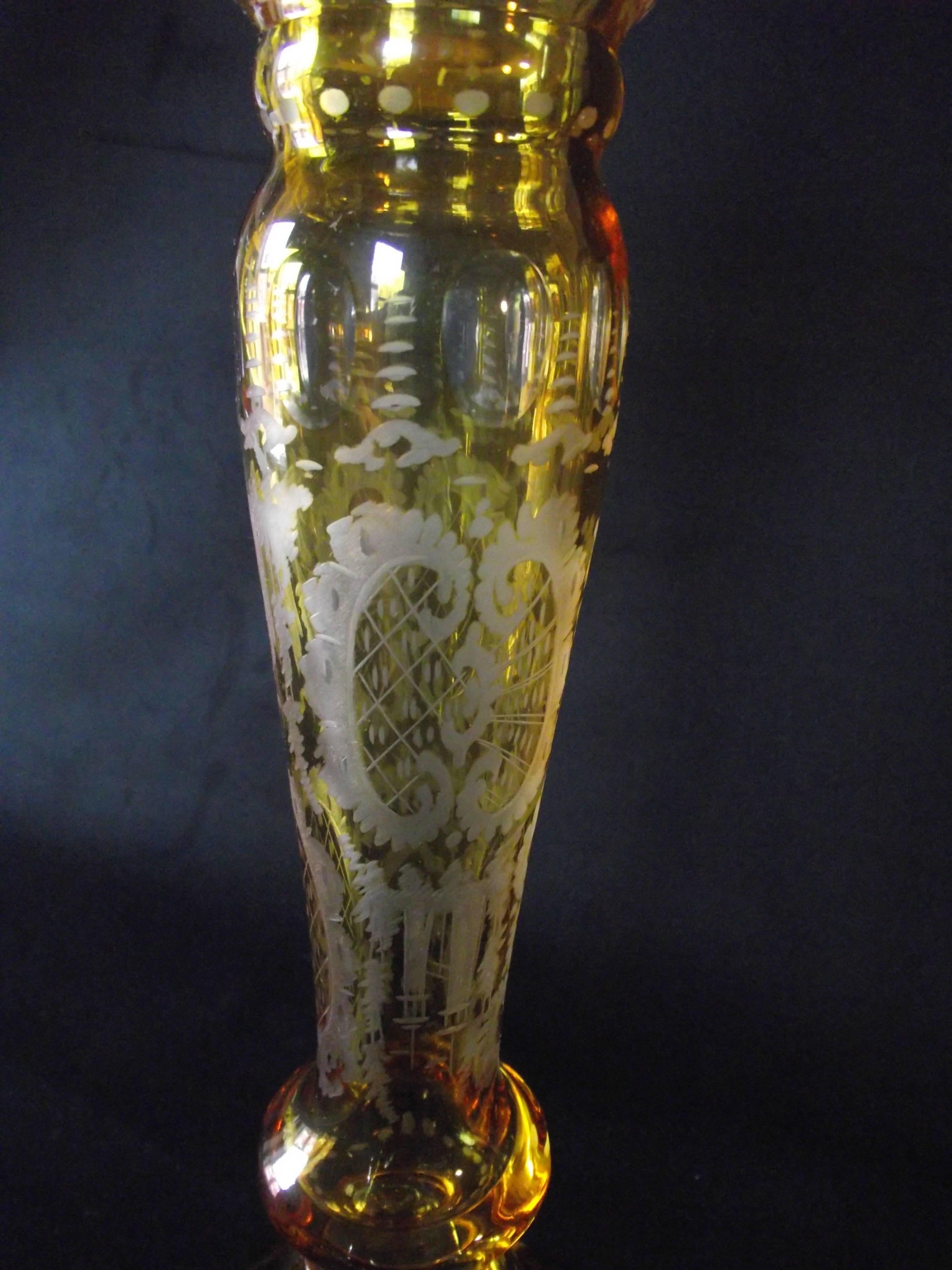 Bohemian Glass Vase/Candleholder Light Amber Glass Cut Down to Clear In Fair Condition For Sale In Harrisburg, PA