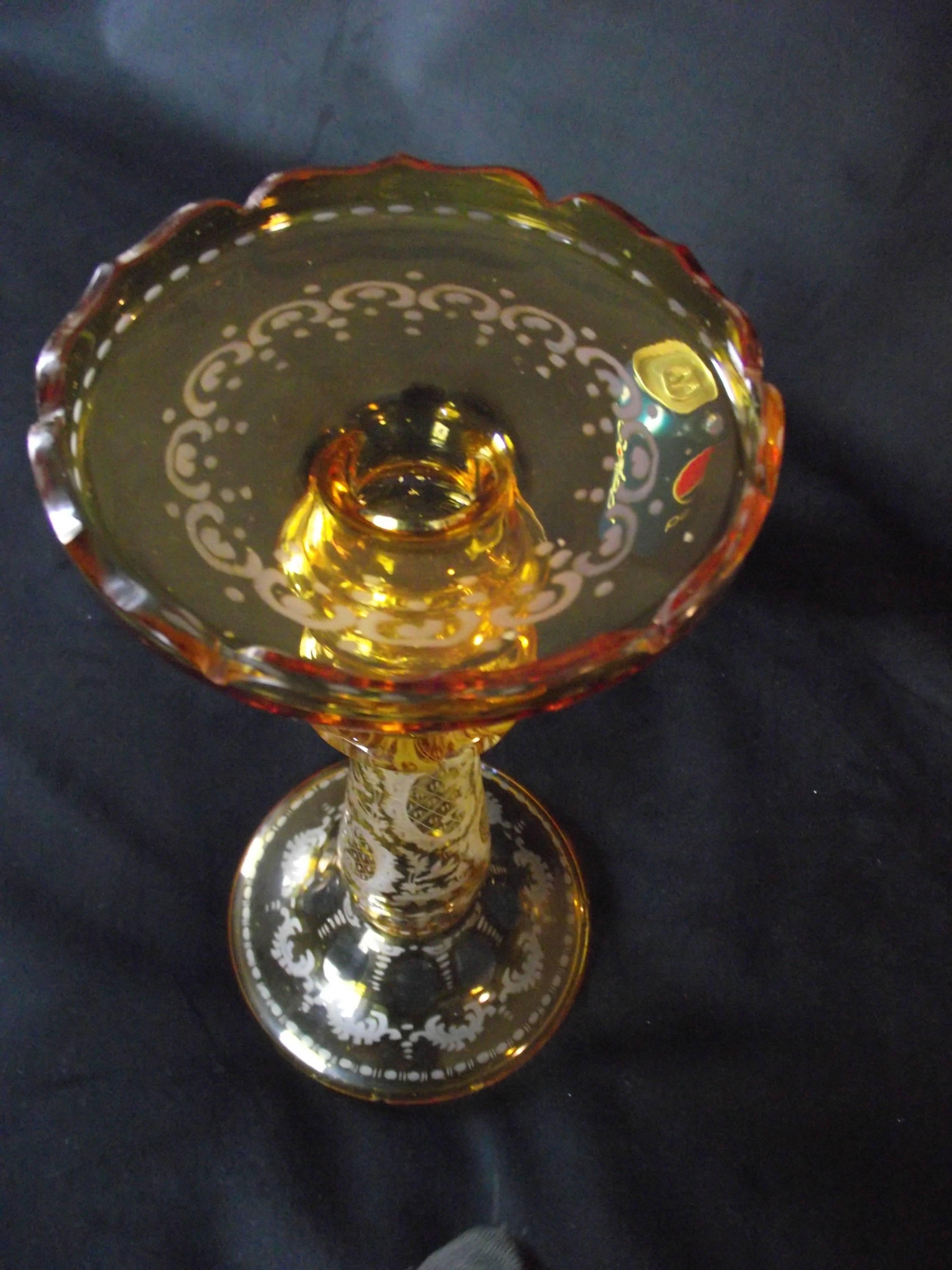 Bohemian Glass Vase/Candleholder Light Amber Glass Cut Down to Clear For Sale 1