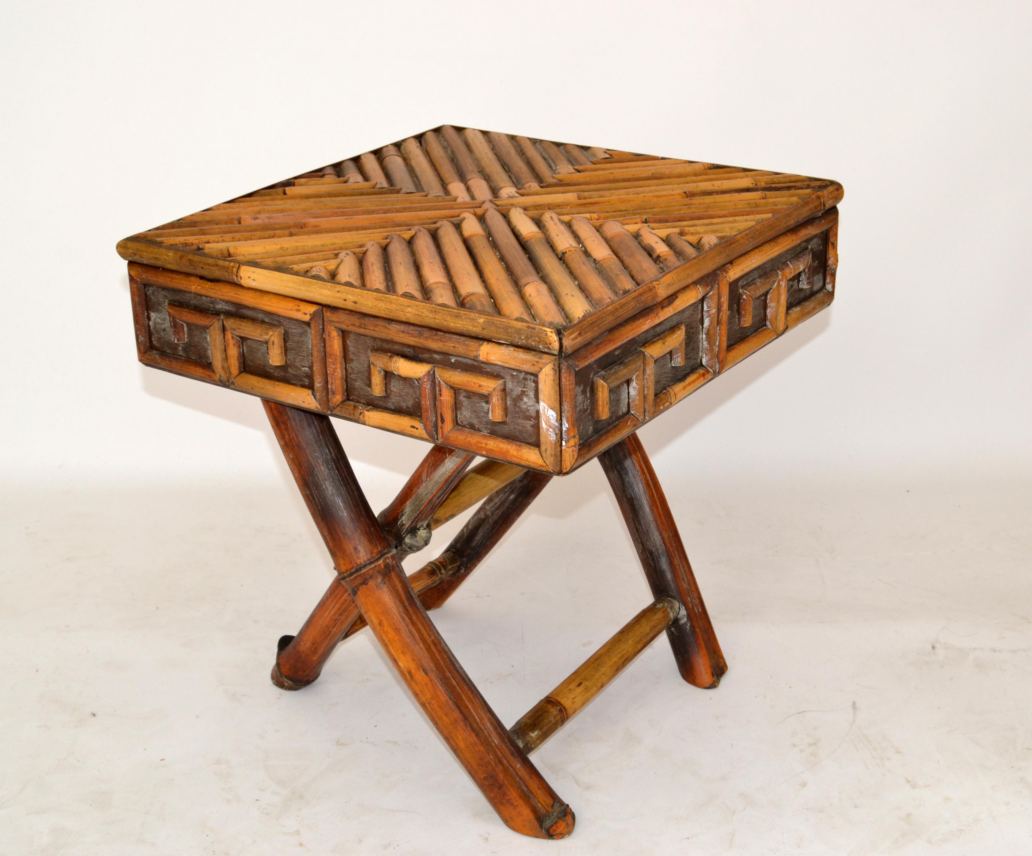 1 Bohemian Greek Key Pattern Handcrafted Bamboo & Cane Folding Side Drink Table For Sale 4