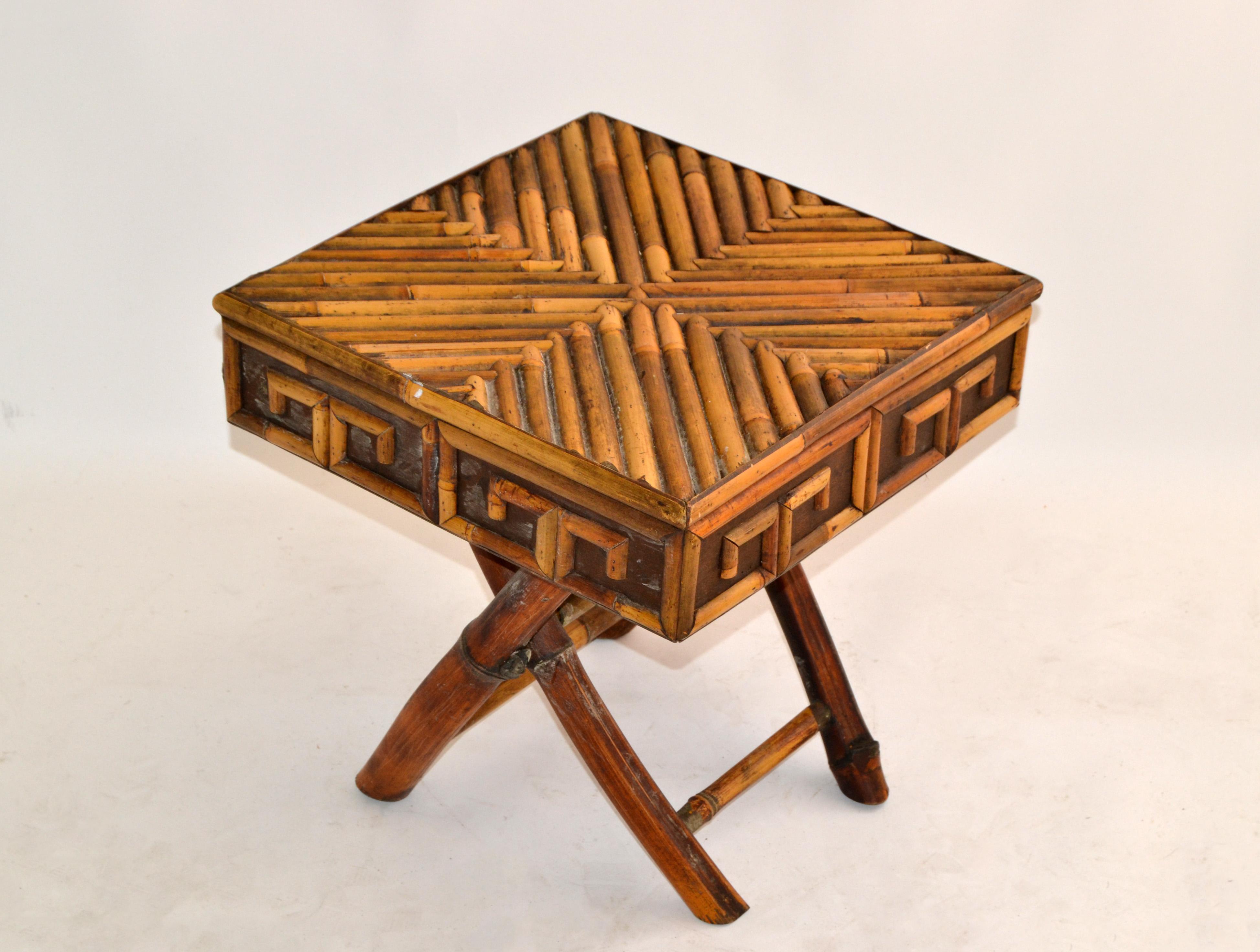 1 Bohemian Greek Key Pattern Handcrafted Bamboo & Cane Folding Side Drink Table For Sale 7