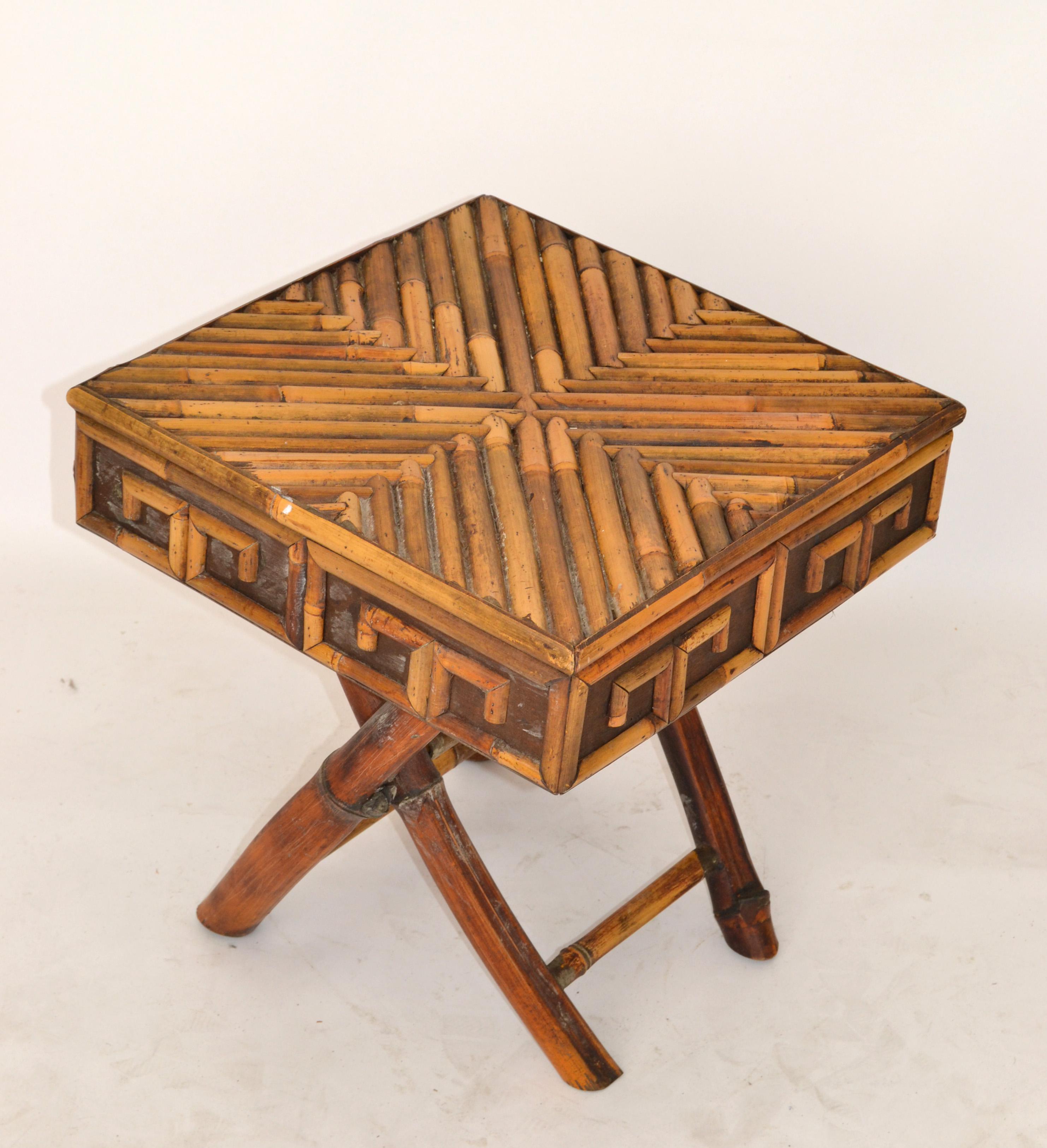 American 1 Bohemian Greek Key Pattern Handcrafted Bamboo & Cane Folding Side Drink Table For Sale