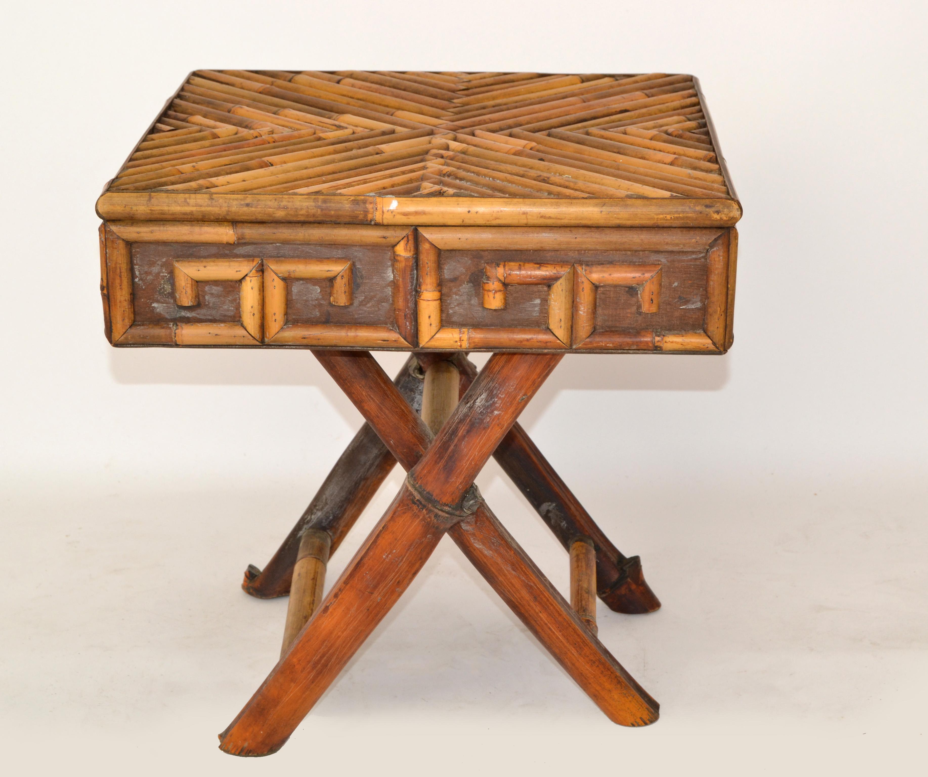 Hand-Crafted 1 Bohemian Greek Key Pattern Handcrafted Bamboo & Cane Folding Side Drink Table For Sale